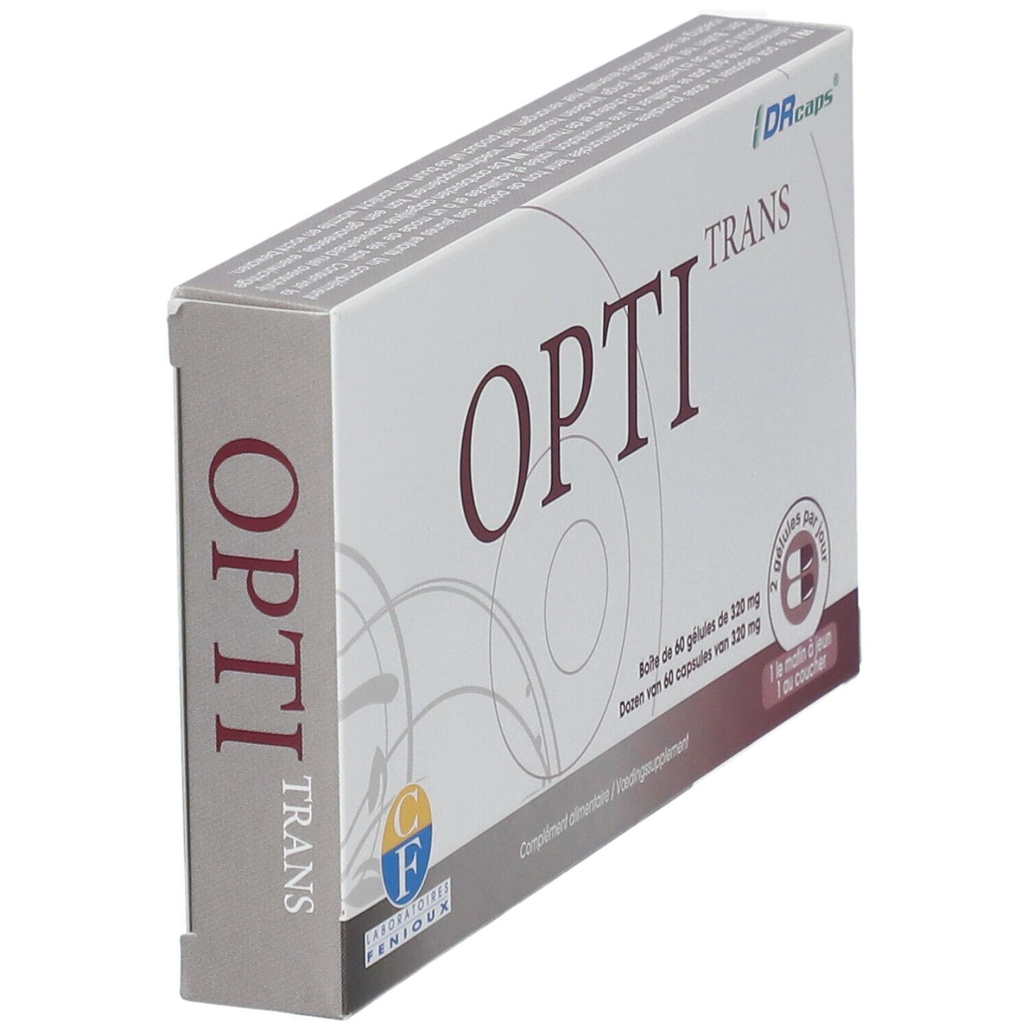 Boîte "OPTI TRANS". Logo LABORATOIRES FENIOUX®. Contient 60 gélules. "Complément alimentaire".