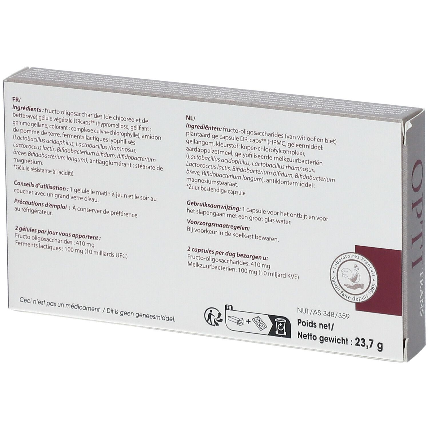 Dos de la boîte "OPTI TRANS". Liste des ingrédients, conseils d'utilisation. Poids net : 23,7 g.