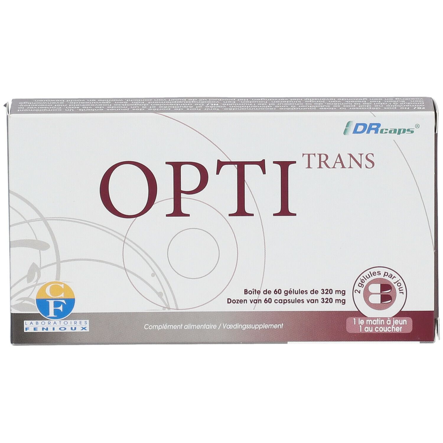 Boîte "OPTI TRANS". Logo LABORATOIRES FENIOUX®. Contient 60 gélules. "Complément alimentaire".