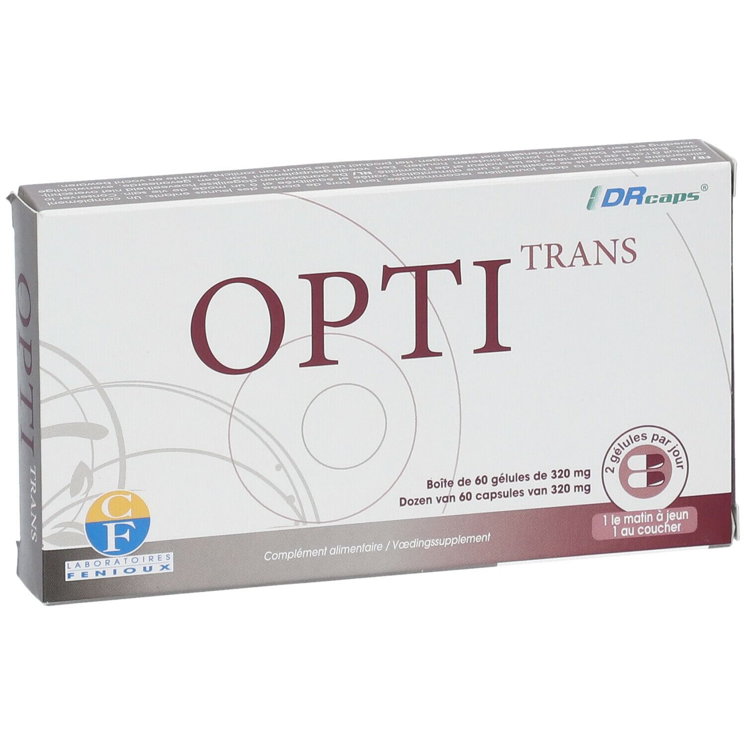Boîte "OPTI TRANS". Logo LABORATOIRES FENIOUX®. Contient 60 gélules. "Complément alimentaire".