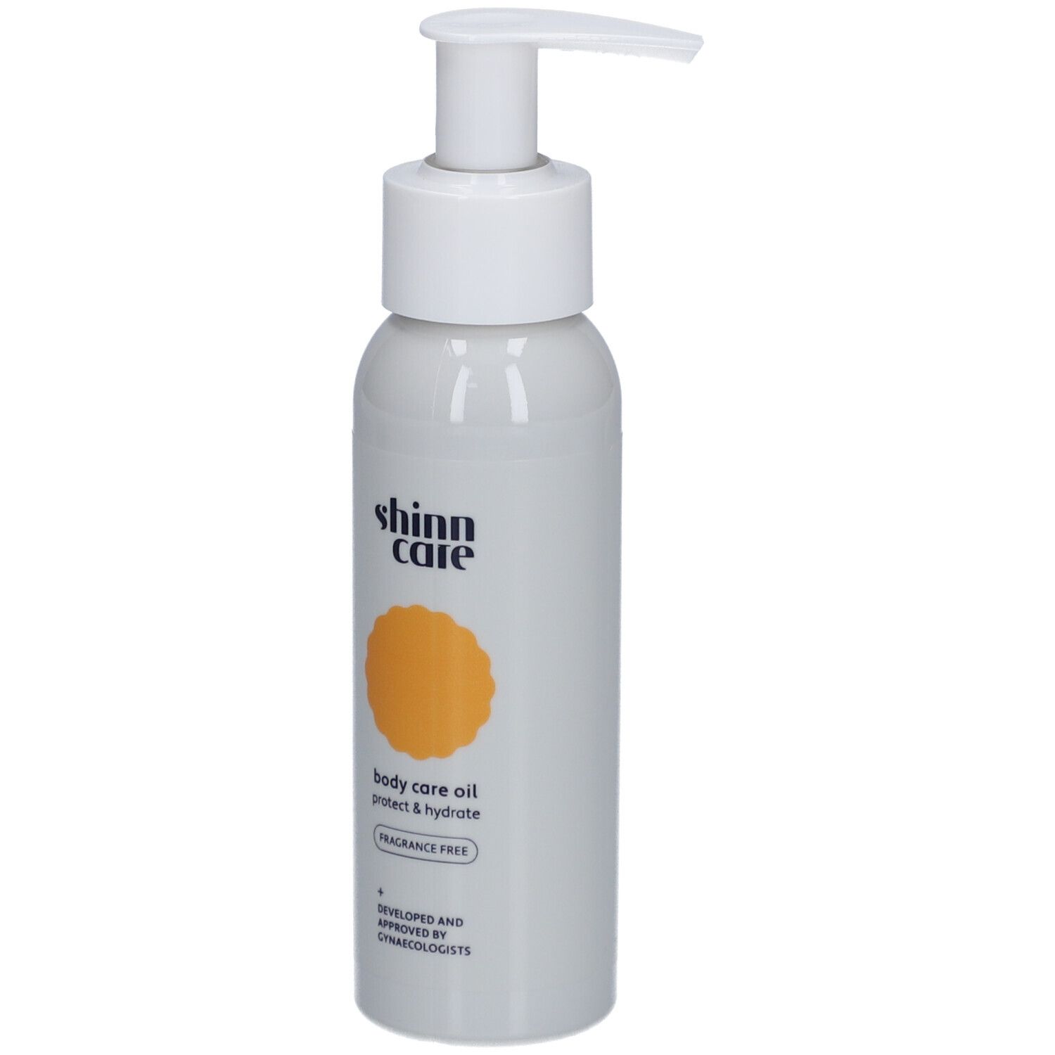 Graue Flasche mit weißem Pumpkopf. Aufschrift: shinn care, body care oil, protect & hydrate, fragrance free.