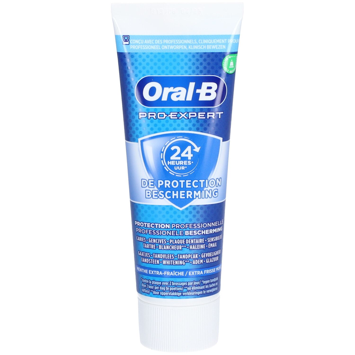 Tube de dentifrice bleu et blanc. Oral-B Pro-Expert, protection 24 heures. Extra-frais.