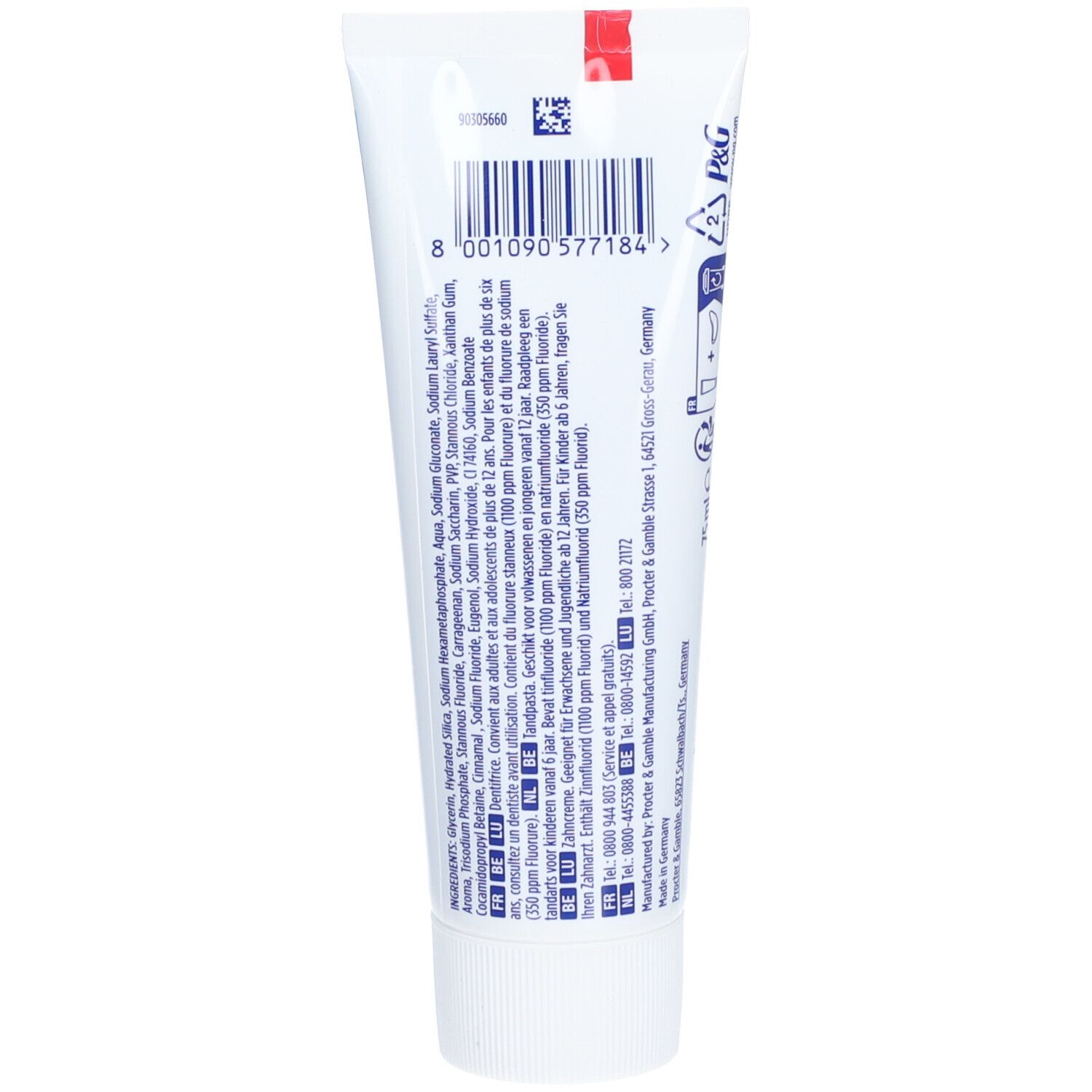 Dos du tube de dentifrice. Ingrédients, code-barres, informations fabricant.