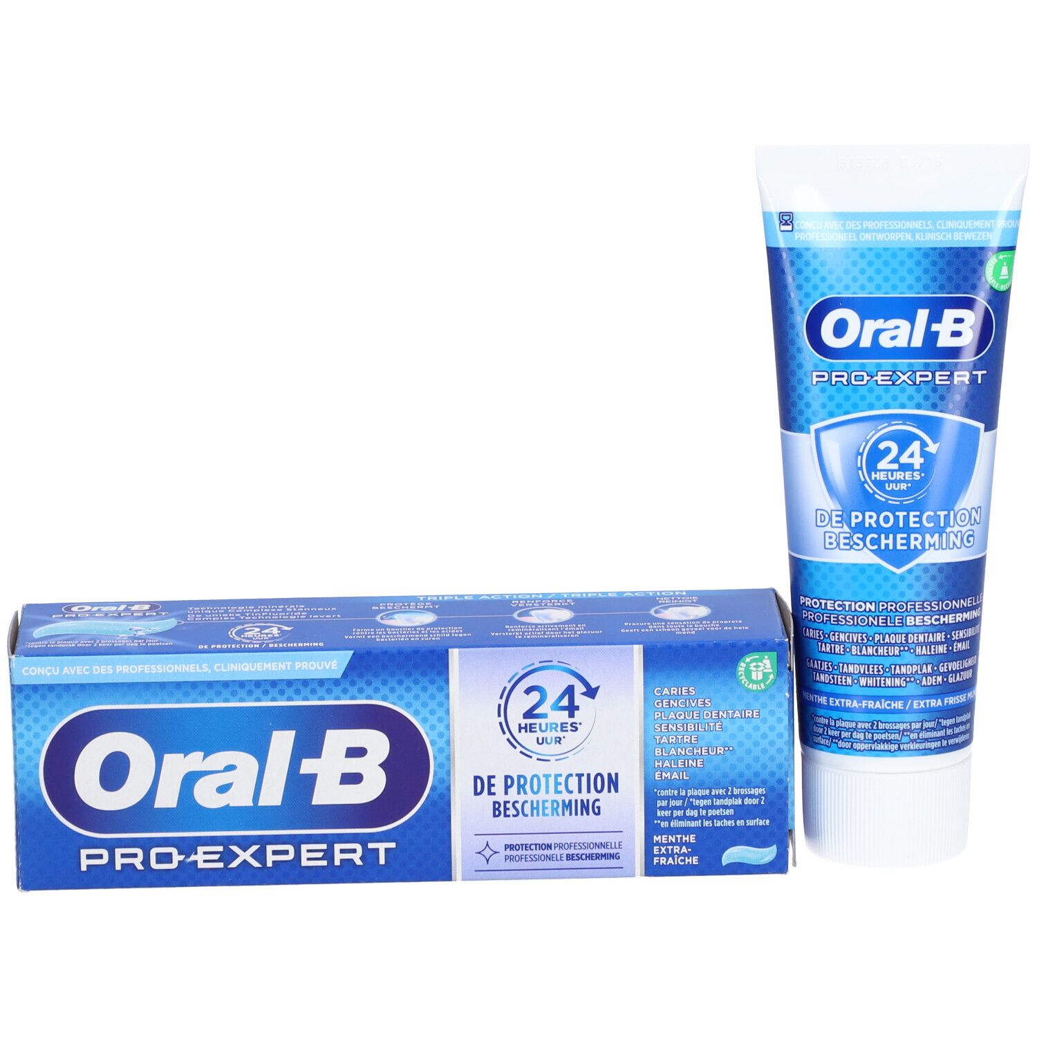 Tube et boîte de dentifrice. Oral-B Pro-Expert, protection 24 heures. Extra-frais.