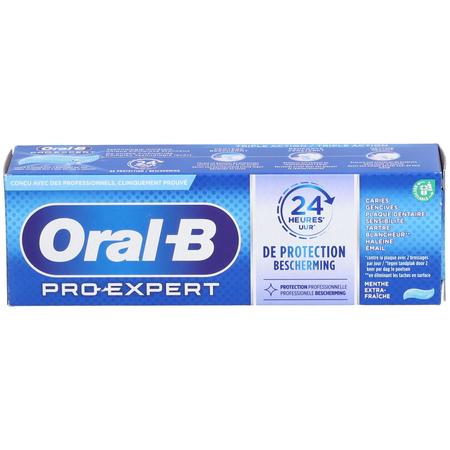 Boîte bleue. Oral-B Pro-Expert, protection 24 heures. Caries, gencives, plaque.