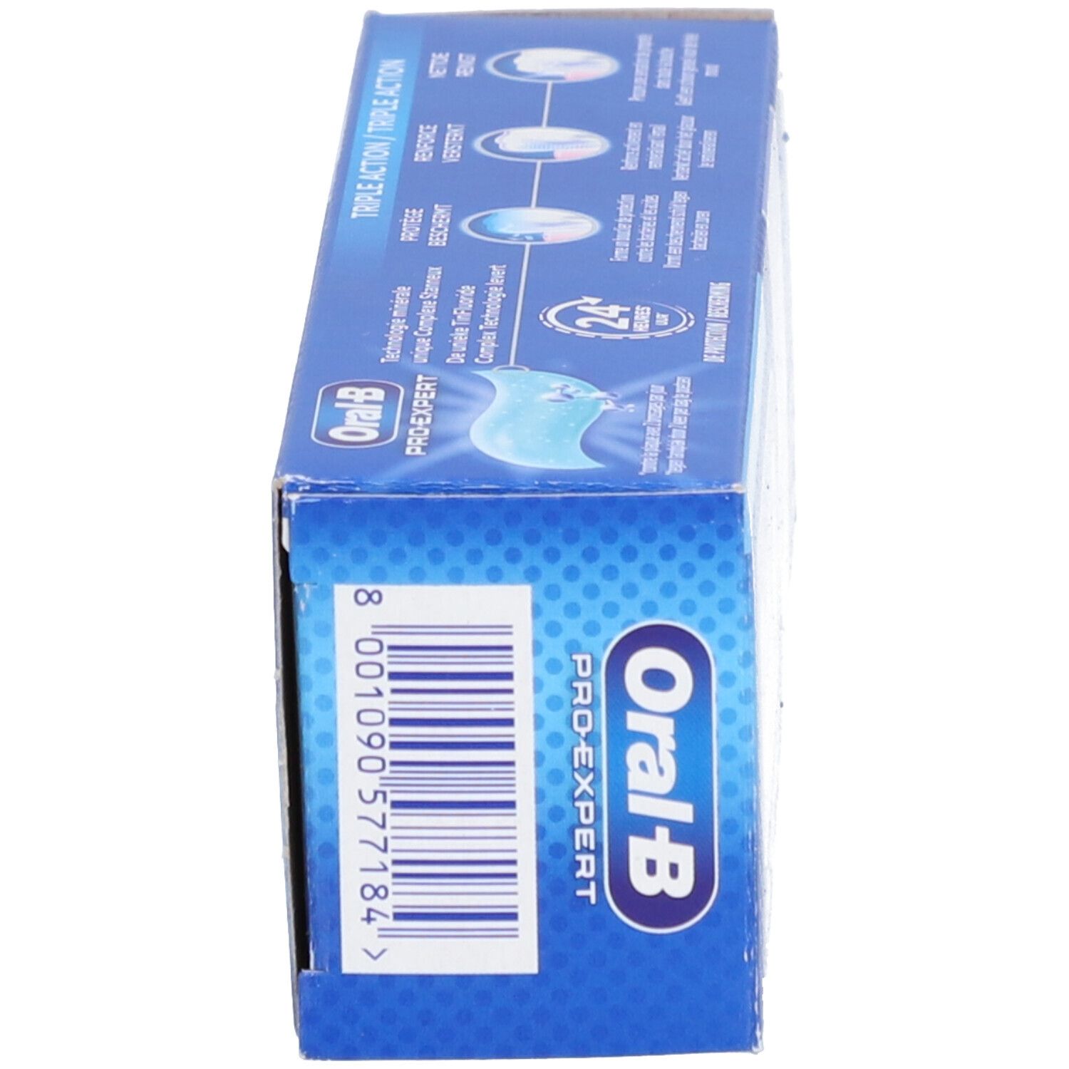 Boîte bleue, vue latérale. Oral-B Pro-Expert, code-barres, triple action.