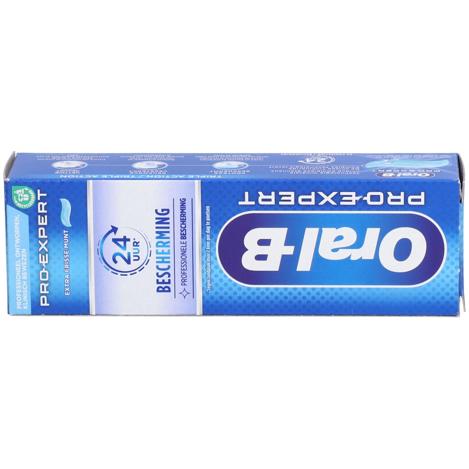 Boîte bleue. Oral-B Pro-Expert, protection 24 heures. Triple action.