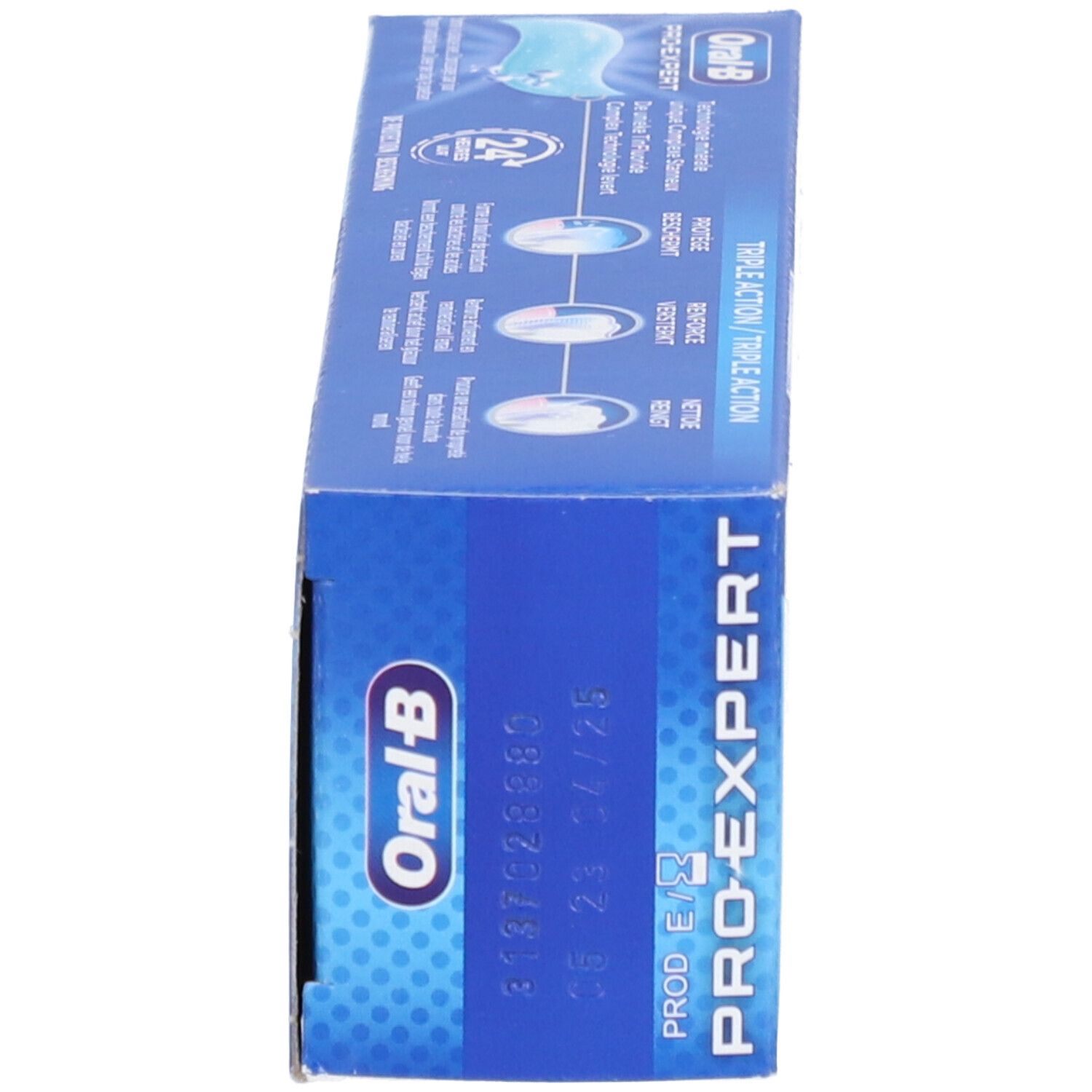Boîte bleue, vue latérale. Oral-B Pro-Expert, date de production, triple action.