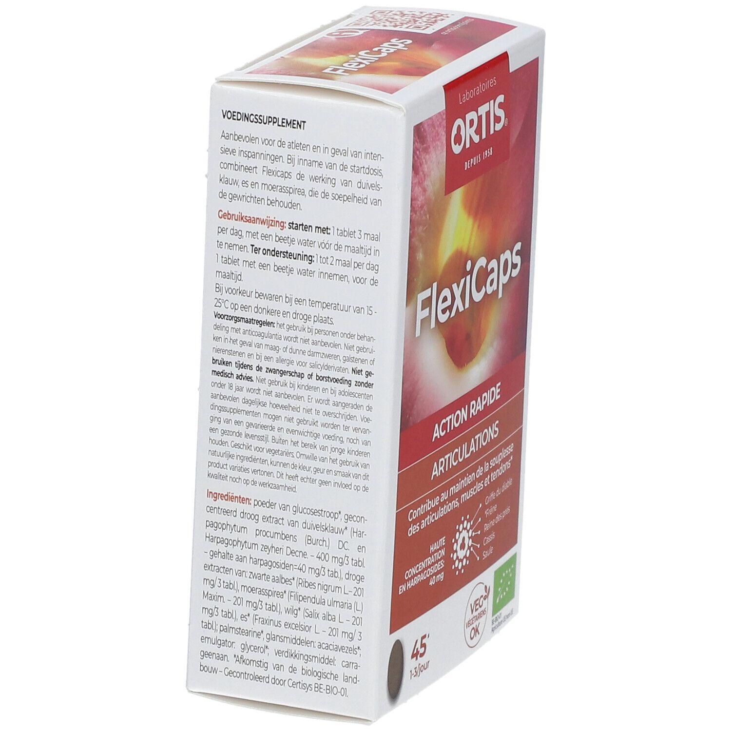 Boîte FlexiCaps, vue arrière oblique. Carton blanc avec texte et design. Contient 45 gélules. Texte : Ortis, FlexiCaps, Action Rapide, Articulations.