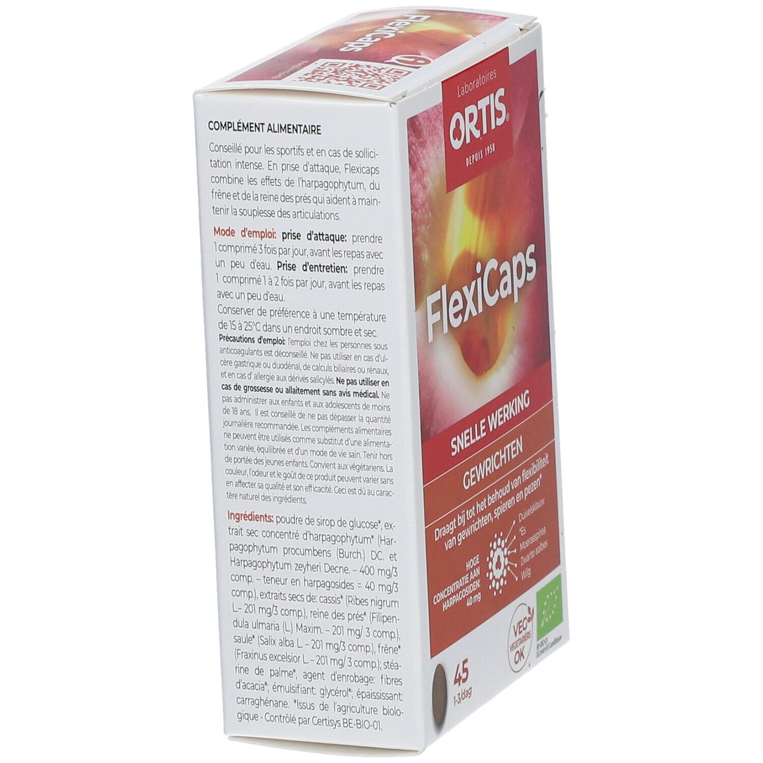 Boîte FlexiCaps, vue arrière oblique. Carton blanc avec texte et design. Contient 45 gélules. Texte : Ortis, FlexiCaps, Snelle Werking, Gewrichten.