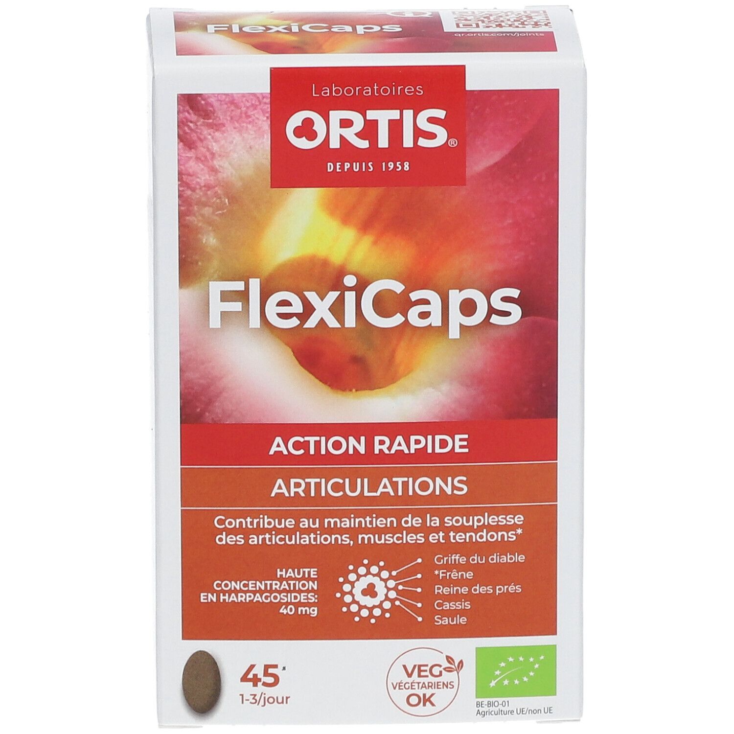 Boîte FlexiCaps. Carton blanc avec design rouge et orange. Contient 45 gélules. Texte : Ortis, FlexiCaps, Action Rapide, Articulations.