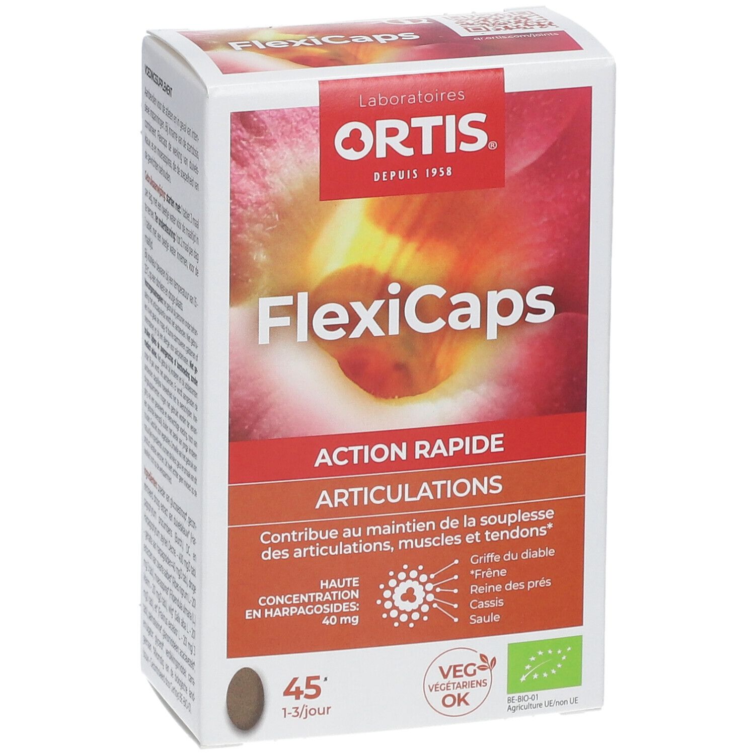 Boîte FlexiCaps. Carton blanc avec design rouge et orange. Contient 45 gélules. Texte : Ortis, FlexiCaps, Action Rapide, Articulations.