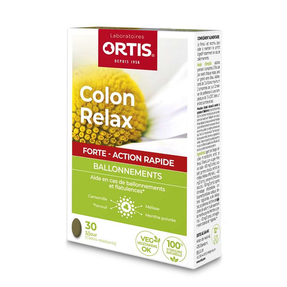 Schachtel mit Ortis Colon Relax Forte. Aufschrift: Colon Relax, Forte, 30 Tabletten. Grün-weiße Verpackung mit Kamillenblüten.