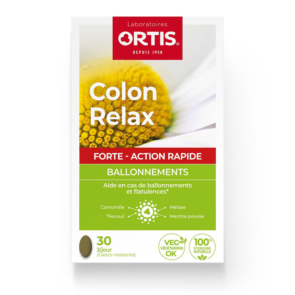 Ortis Colon Relax Forte, Schachtel. Aufschrift: Colon Relax, Forte, 30 Tabletten. Grün-weiße Verpackung mit Kamillenblüten.