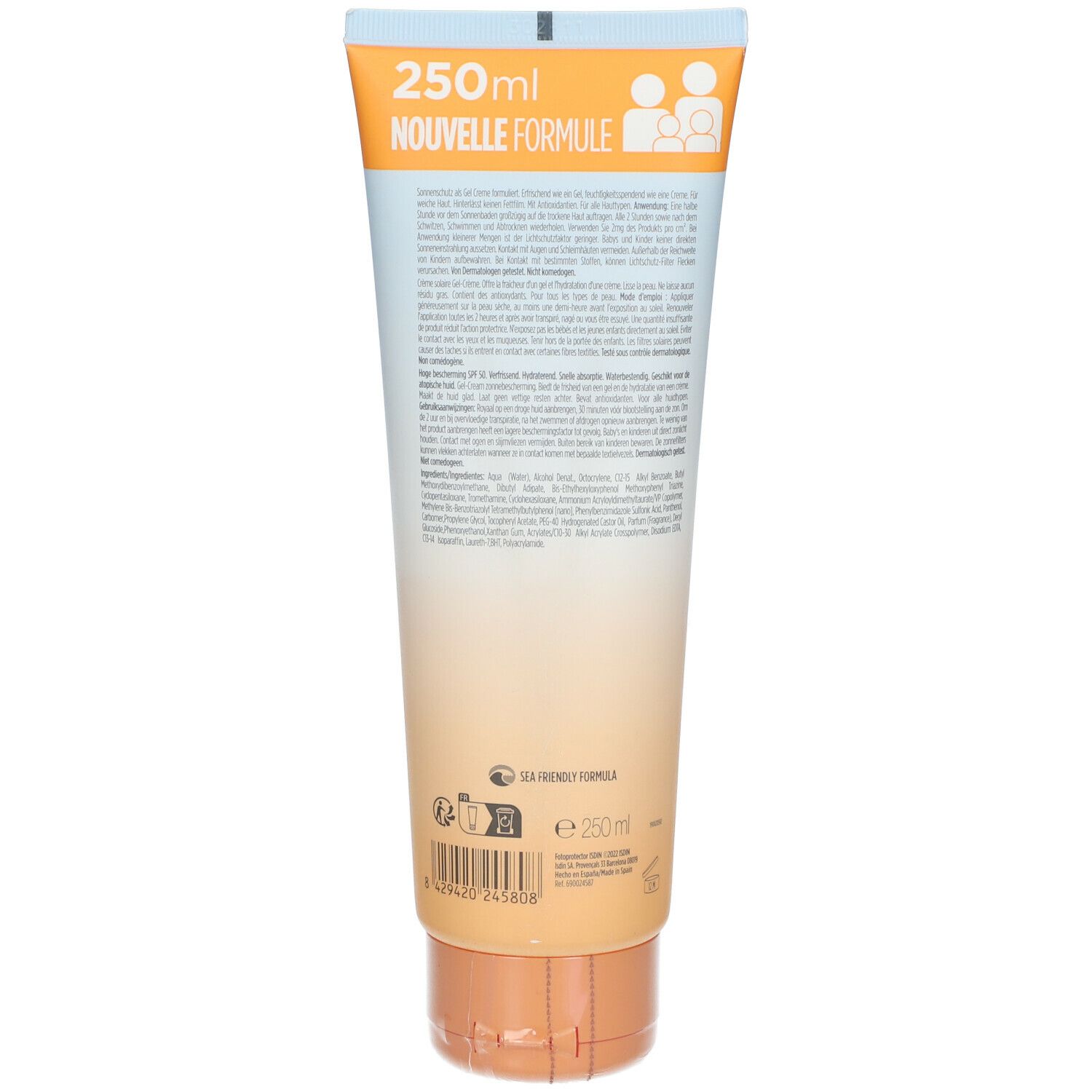 Crèmetube, 250ml, met tekst en symbolen. Opschrift: Nouvelle Formule. Oranje dop.