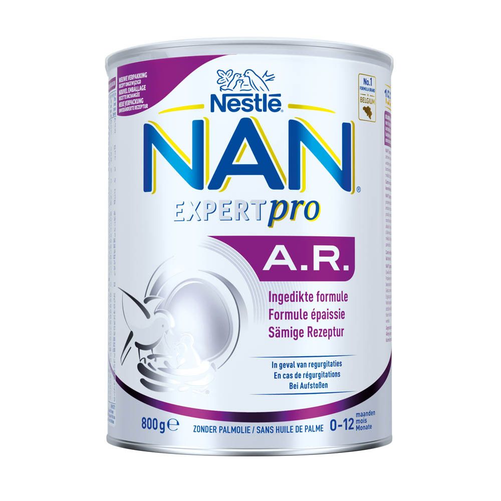 NAN ExpertPro A.R. en boîte. Ingrédients et informations sur l'emballage. 800g. Formule épaissie.