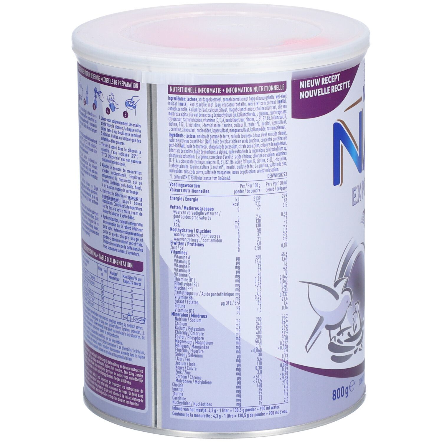Dos de la boîte NAN ExpertPro A.R. Informations nutritionnelles et instructions de préparation. 800g.