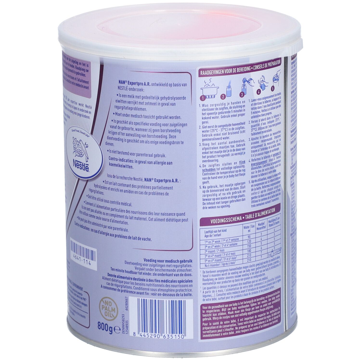 Dos de la boîte NAN ExpertPro A.R. Informations sur l'utilisation et les ingrédients. 800g.