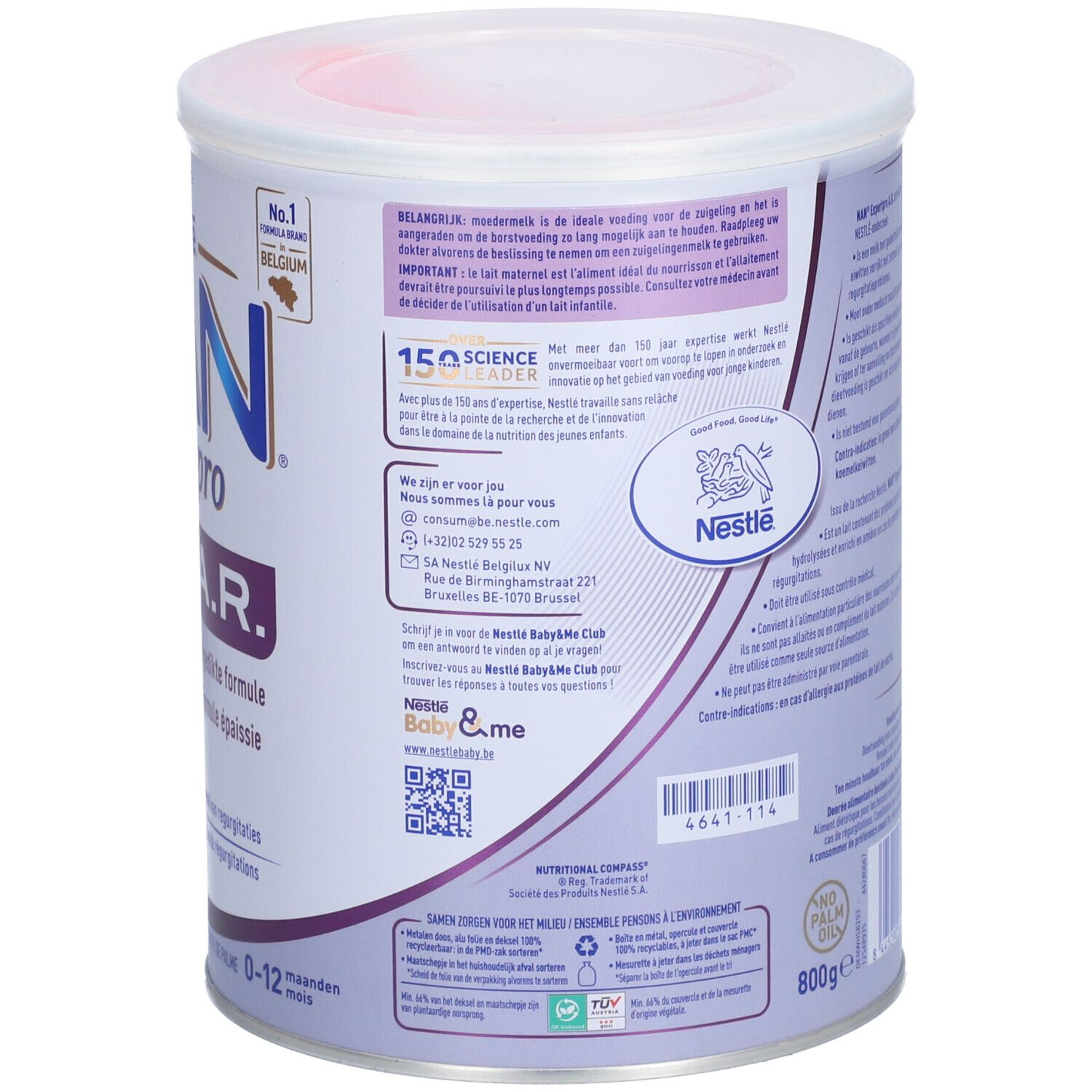 Dos de la boîte NAN ExpertPro A.R. Informations sur l'utilisation et les ingrédients. 800g.