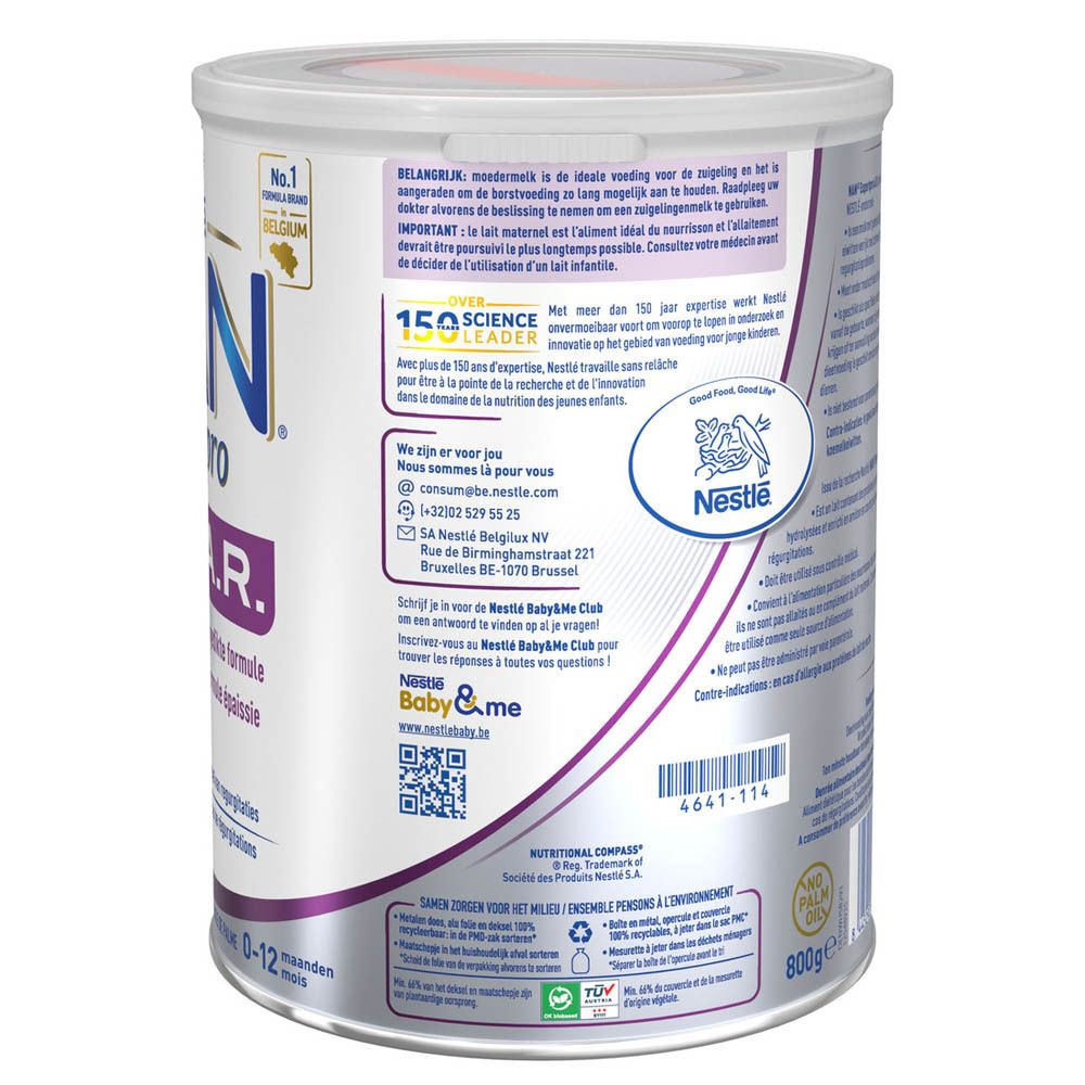Dos de la boîte NAN ExpertPro A.R. Informations sur l'utilisation et les ingrédients. 800g.