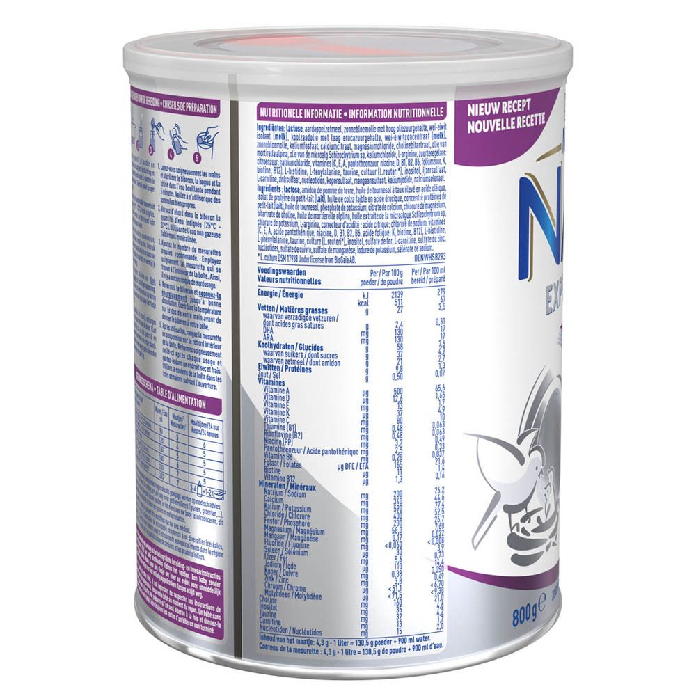Dos de la boîte NAN ExpertPro A.R. Informations nutritionnelles et instructions de préparation. 800g.