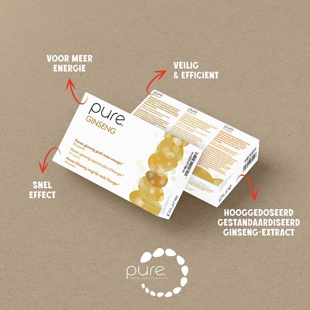 Twee 'pure Ginseng'-dozen. Logo en tekst. Pijlen wijzen op voordelen: energie, snel effect, efficiënt.