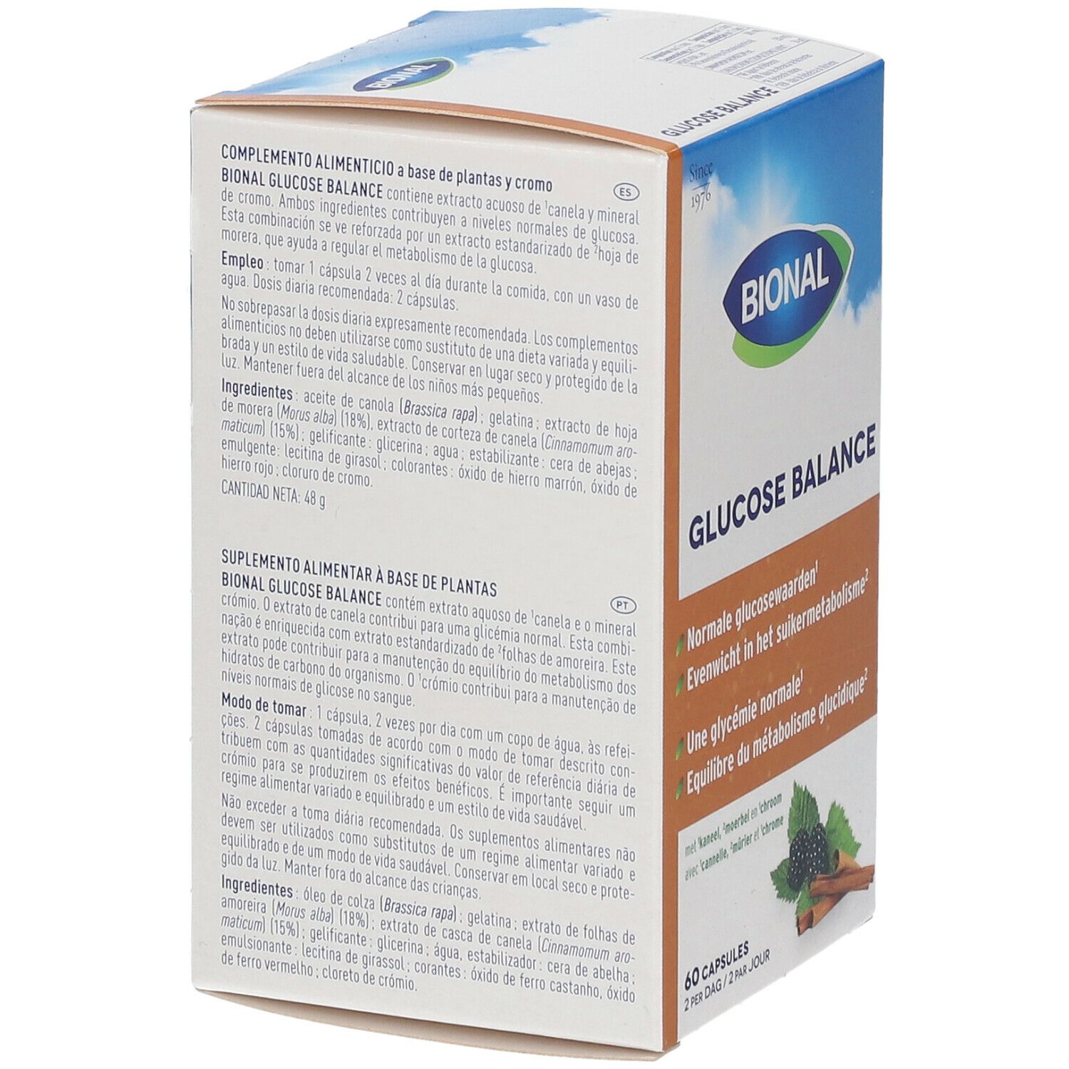 Bional Glucose Balance verpakking, achterkant. Informatie over ingrediënten en instructies. Bevat 60 capsules.