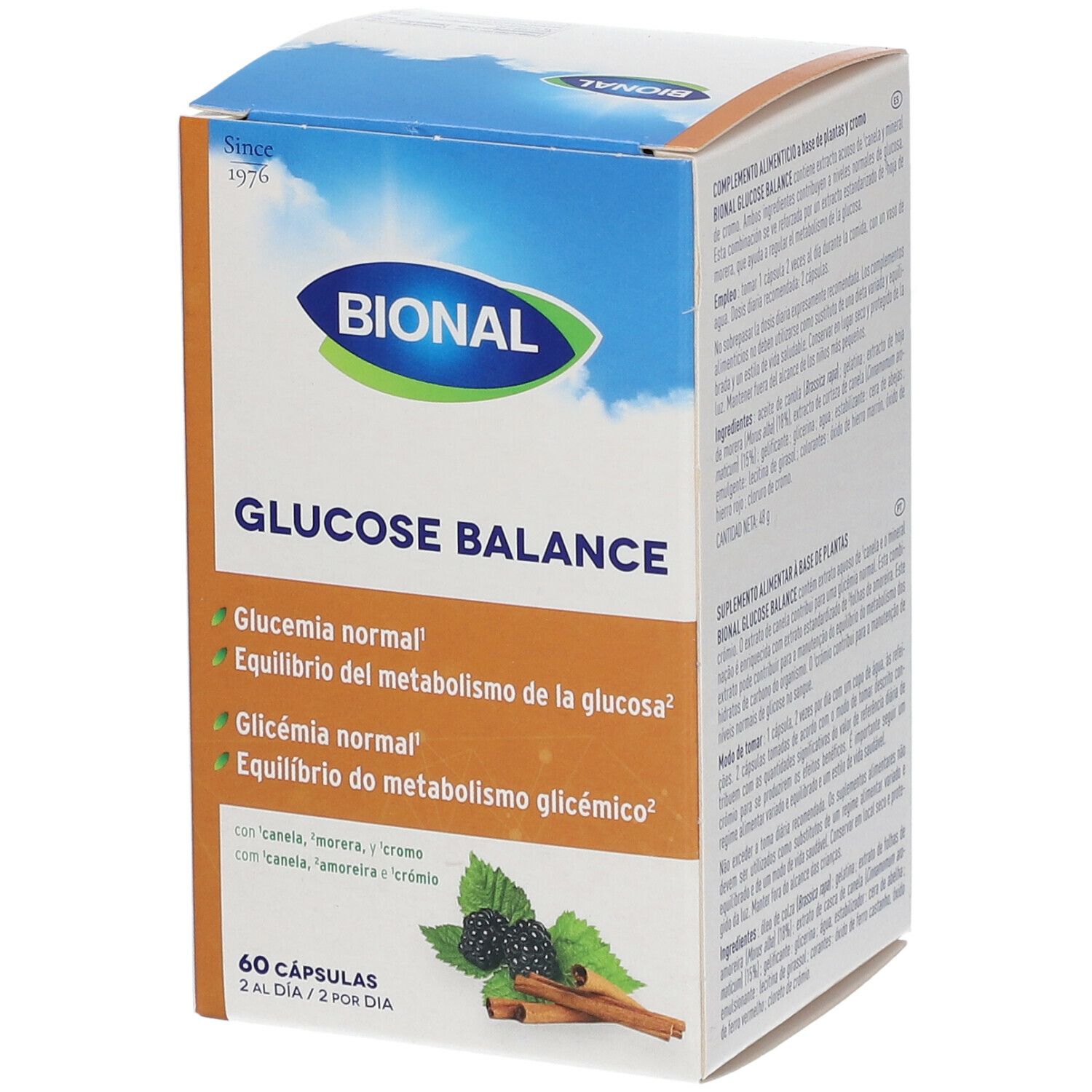 Bional Glucose Balance verpakking. Productnaam en logo. Bevat 60 capsules. Tekst in Spaans en Portugees.