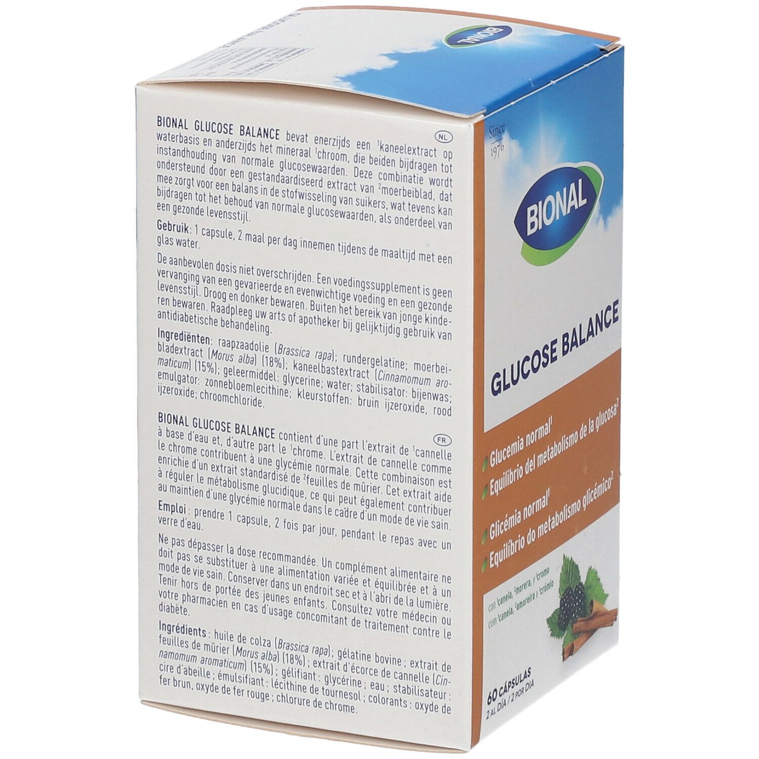 Bional Glucose Balance verpakking, achterkant. Informatie over ingrediënten en instructies. Bevat 60 capsules.