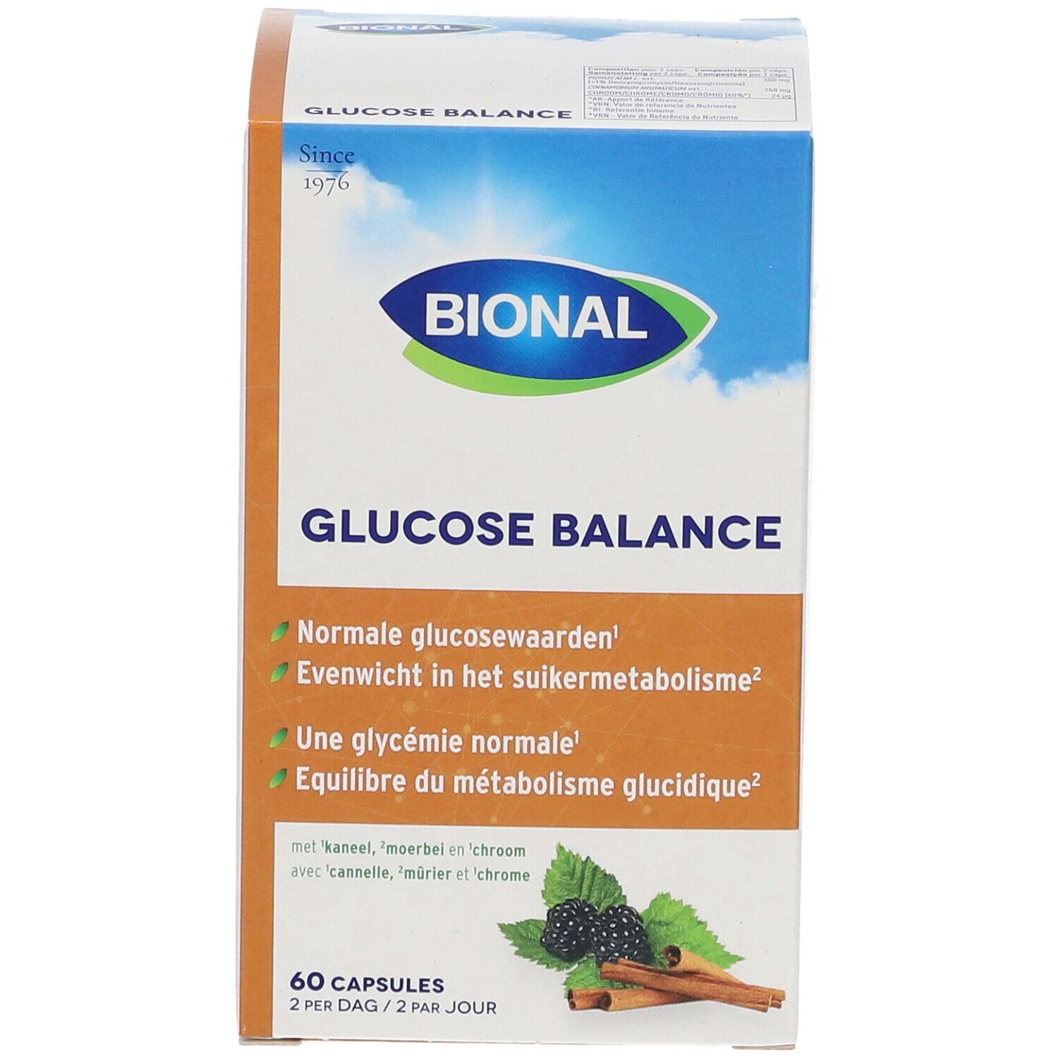 Bional Glucose Balance verpakking. Blauw en witte doos met productnaam en logo. Bevat 60 capsules.