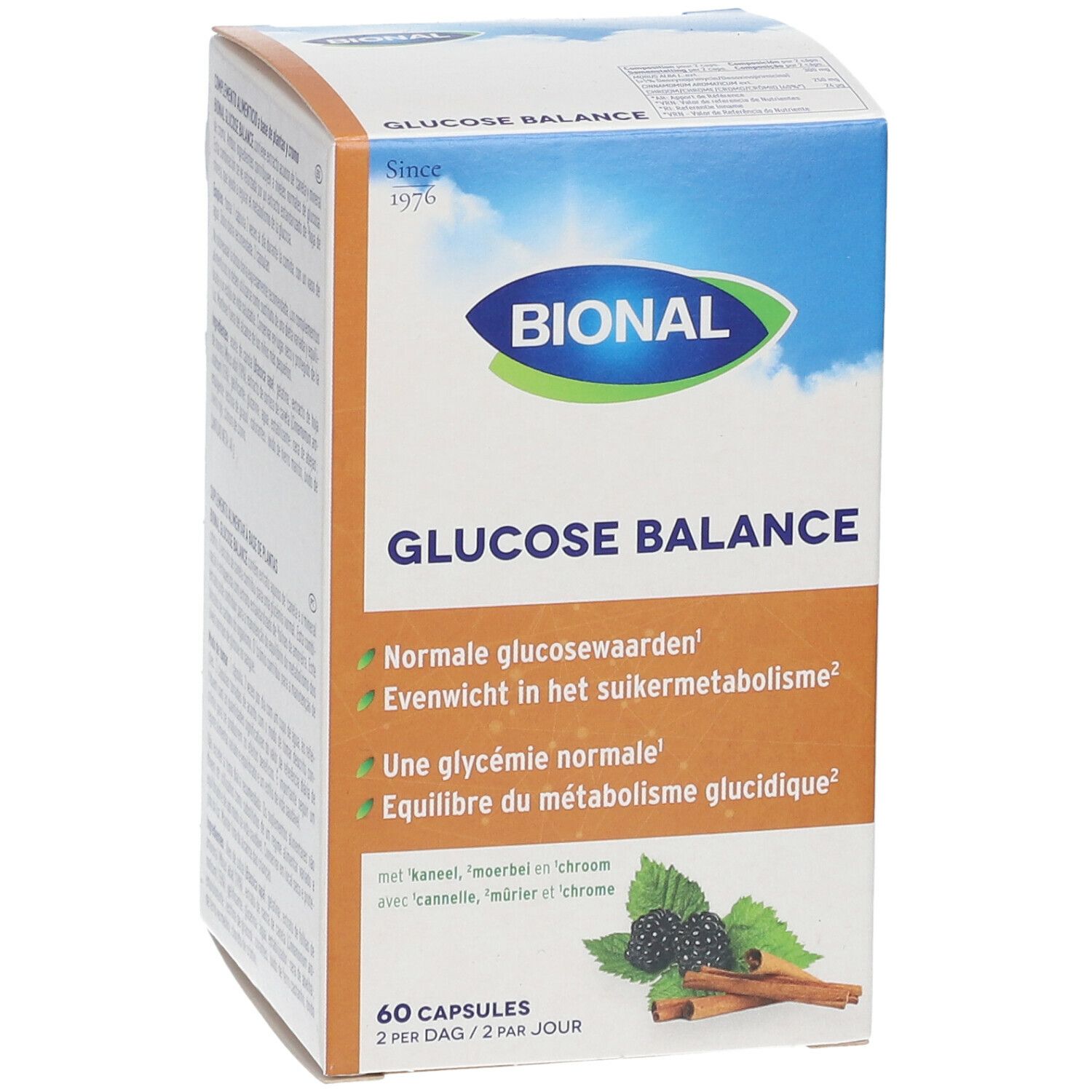 Bional Glucose Balance verpakking. Blauw en witte doos met productnaam en logo. Bevat 60 capsules.