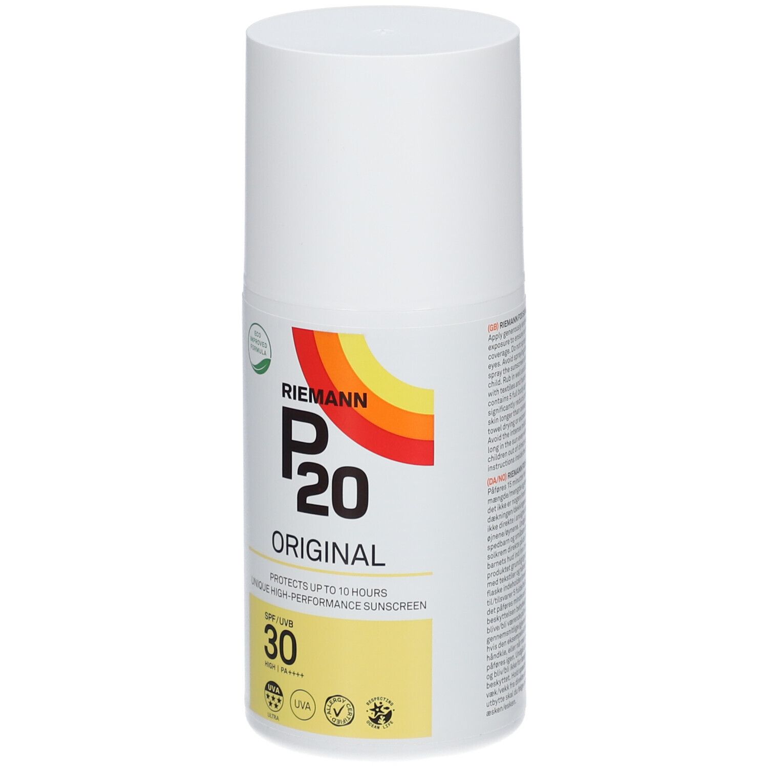 RIEMANN P20 Original. Bouteille blanche. Logo jaune et rouge. SPF 30.