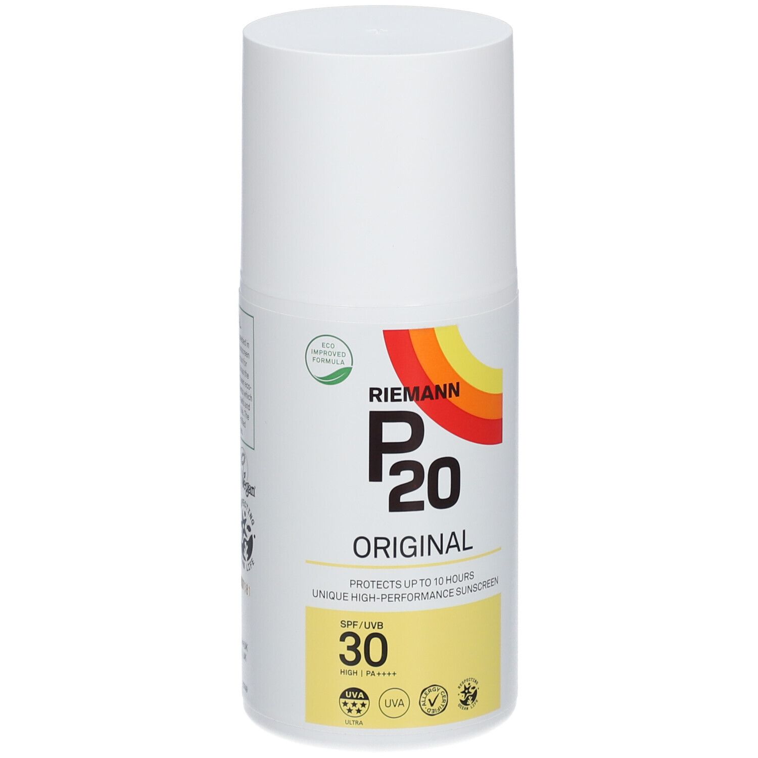 RIEMANN P20 Original. Bouteille blanche. Logo jaune et rouge. SPF 30.