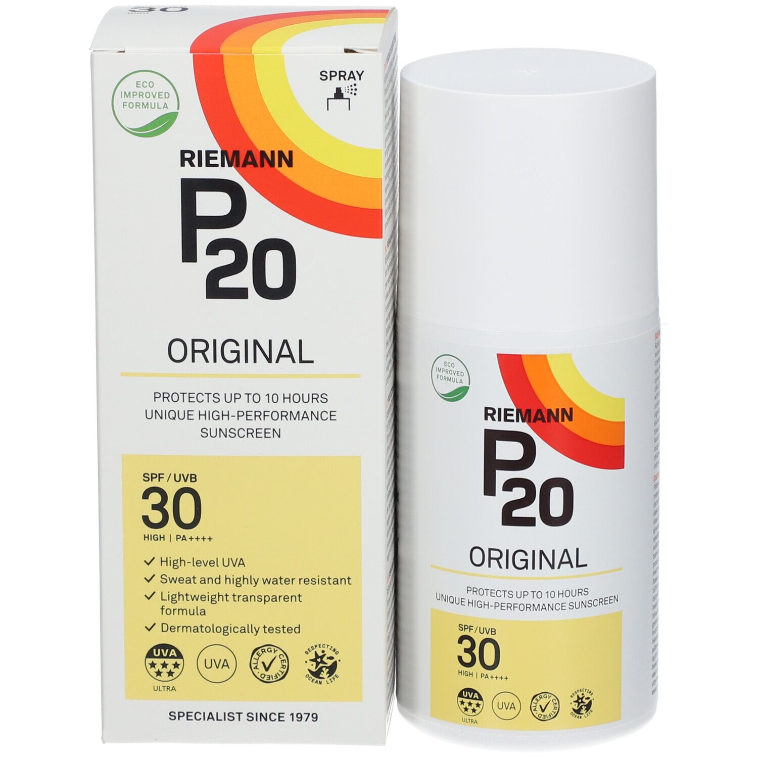 RIEMANN P20 Original. Flacon et emballage. SPF 30. Testé dermatologiquement.
