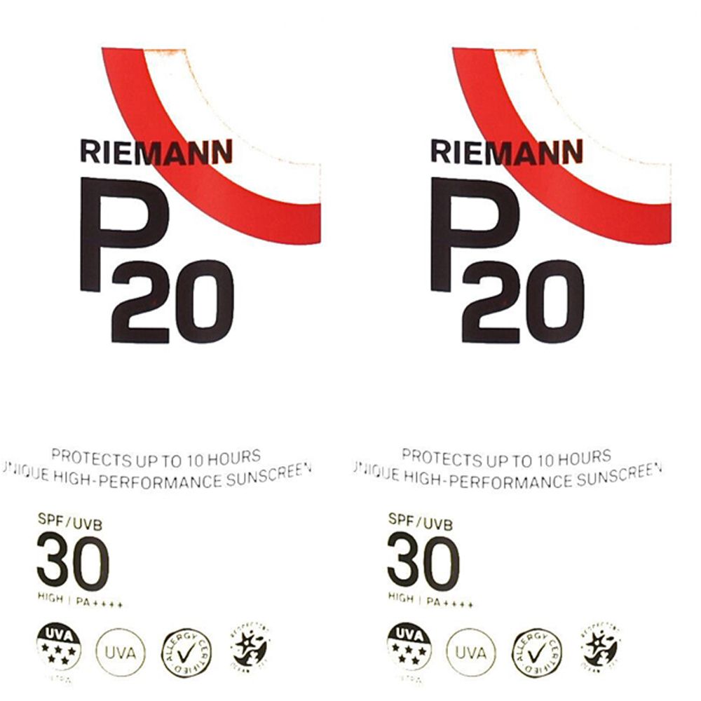 Logo RIEMANN P20. SPF 30. Protection UVA. Écran solaire. Deux logos identiques.