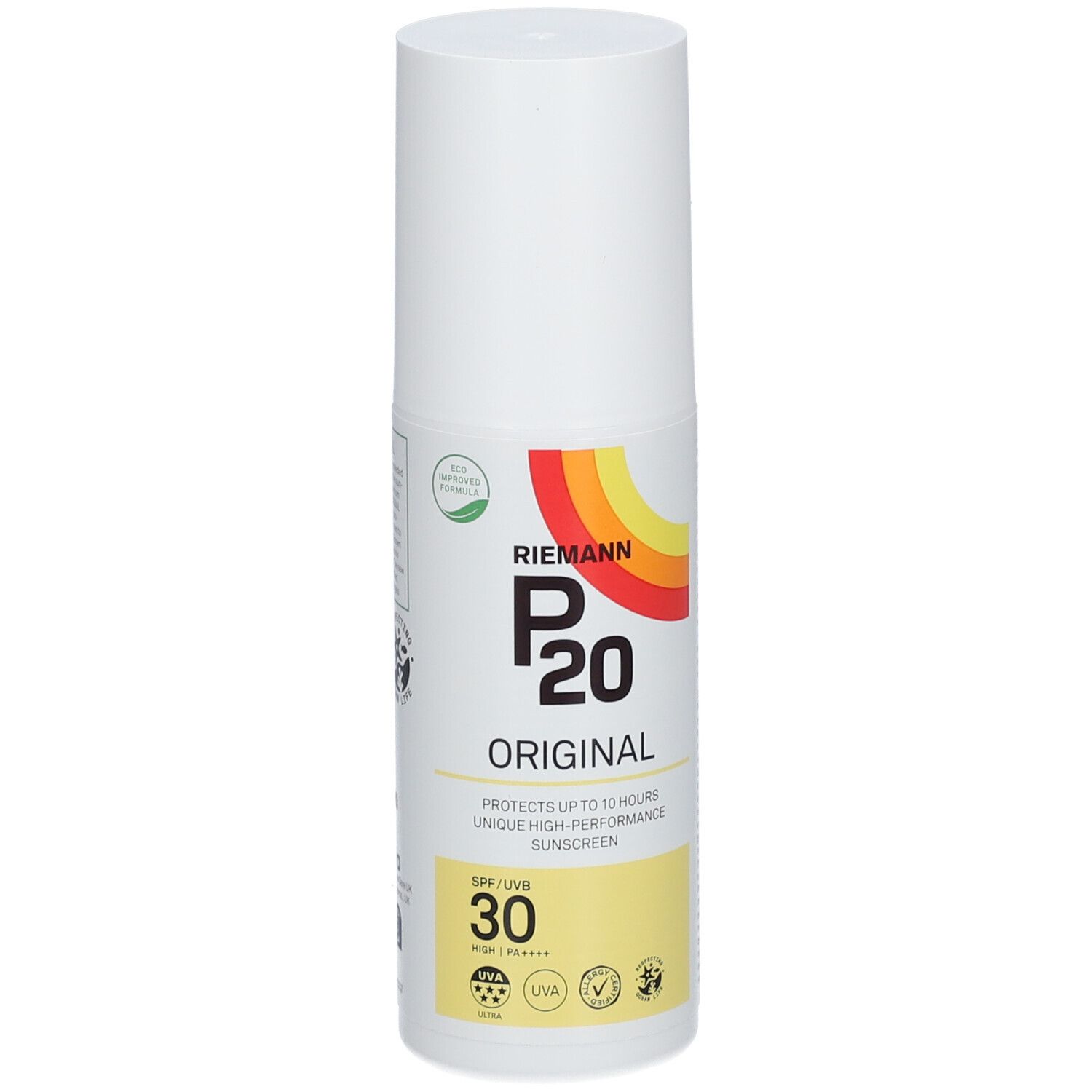 Weißer Sprühflakon mit Aufschrift RIEMANN P20 Original SPF30. Farbstreifen, Logos und Zeichen.