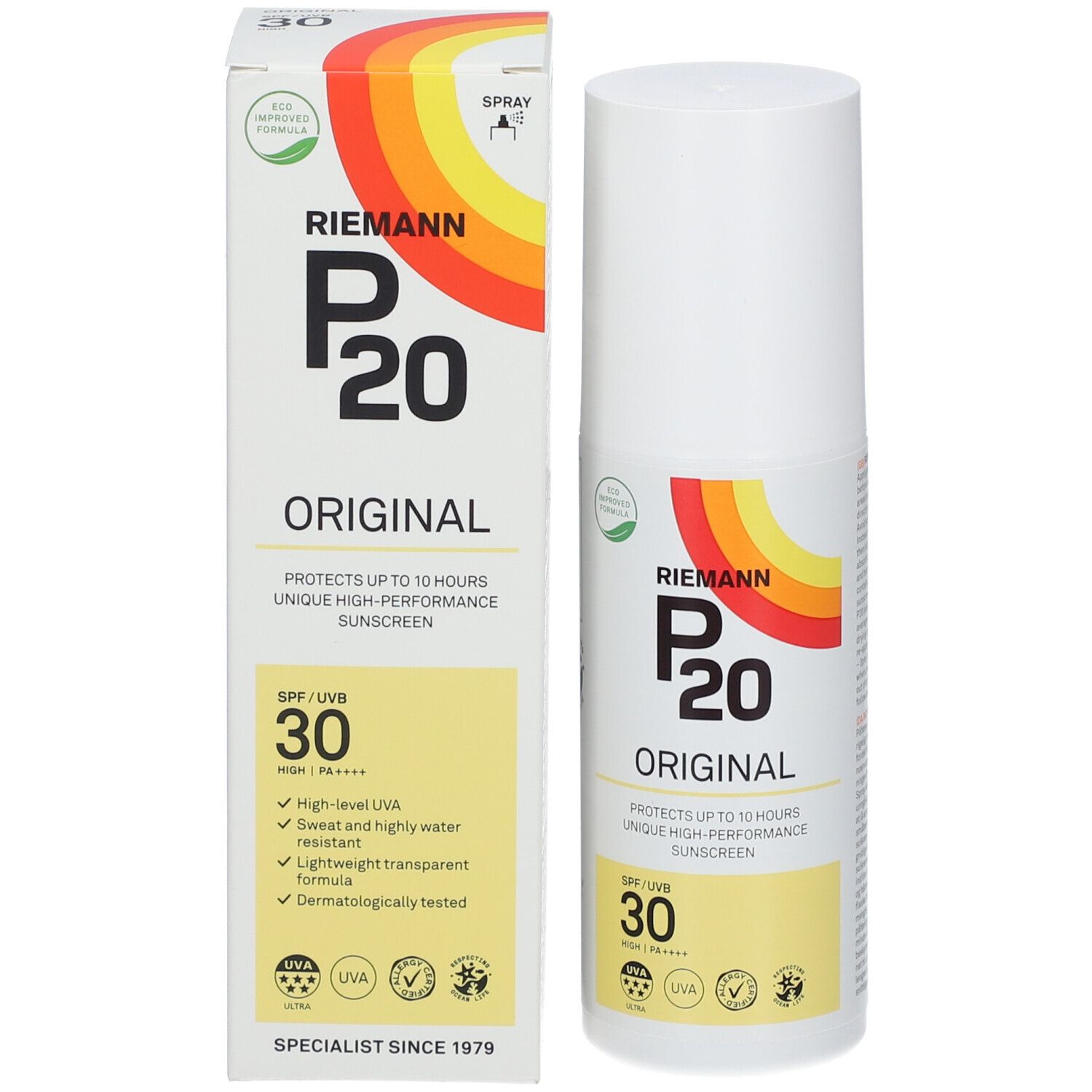 Produktverpackung und Sprühflakon. Aufschrift RIEMANN P20 Original SPF30. Logos und Zeichen.