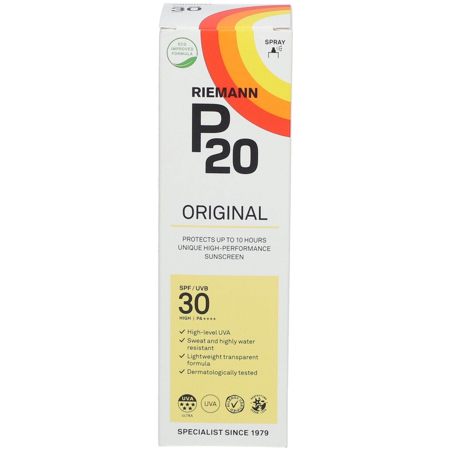 Produktverpackung. Aufschrift RIEMANN P20 Original SPF30. Logos und Zeichen.