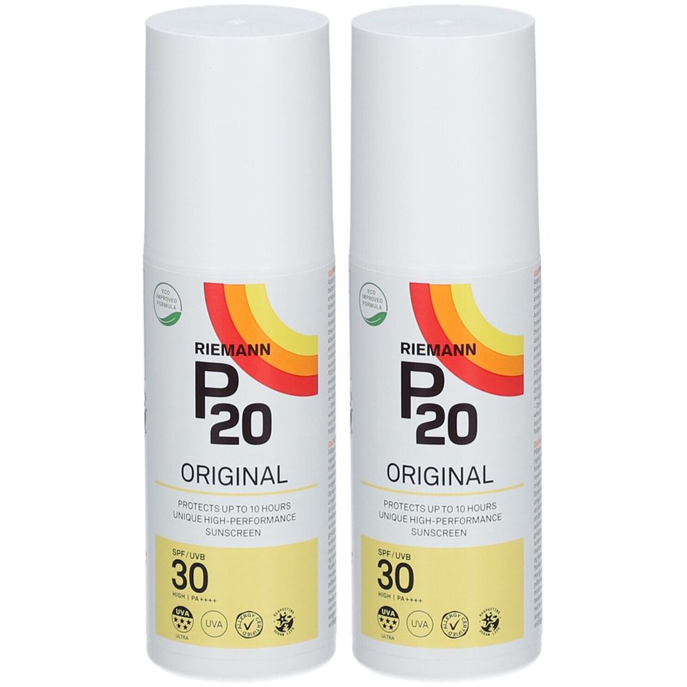 Zwei weiße Sprühflakons mit Aufschrift RIEMANN P20 Original SPF30. Logos und Zeichen.