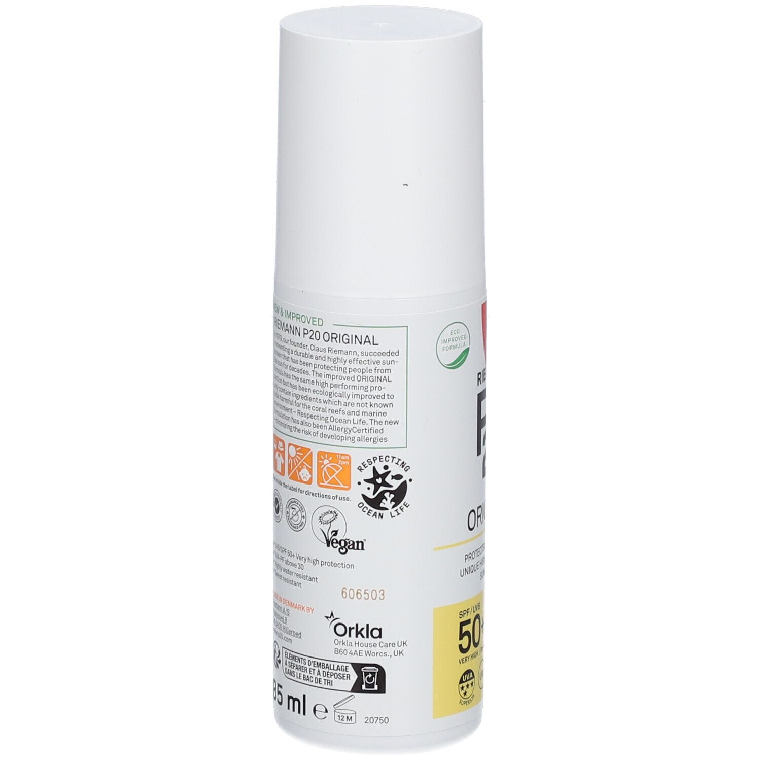 RIEMANN P20 Original Sonnenschutz SPF50+. Weiße Flasche. Rückseite mit Text und Logos. Vegan-Logo.