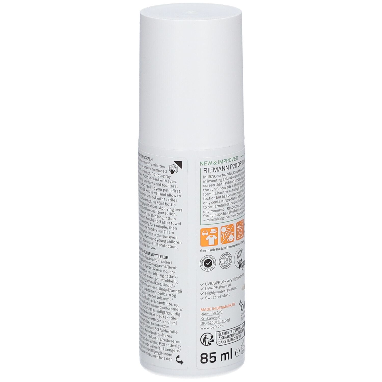 RIEMANN P20 Original Sonnenschutz SPF50+. Weiße Flasche. Rückseite mit Text. 85 ml.