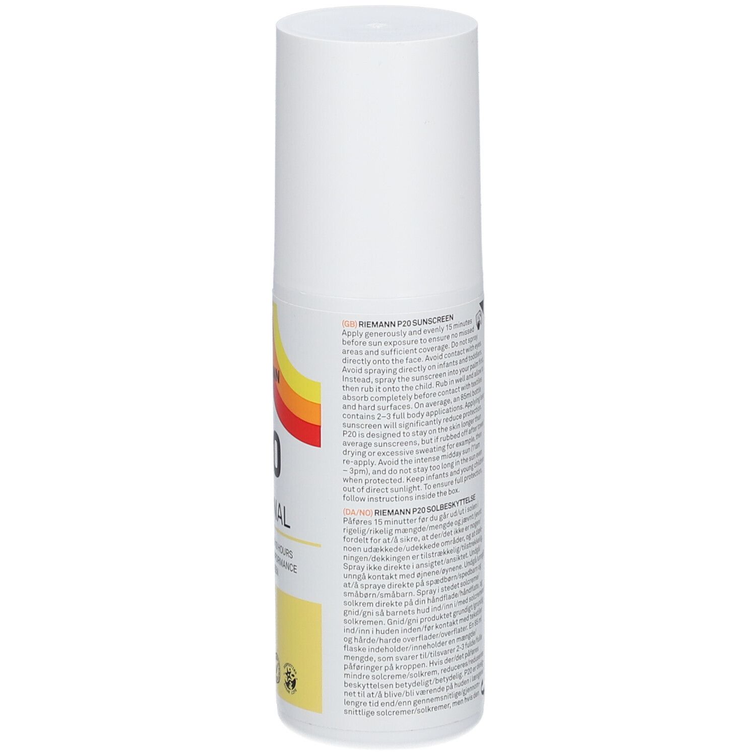RIEMANN P20 Original Sonnenschutz SPF50+. Weiße Flasche. Rückseite mit Text. Gebrauchsanweisung.