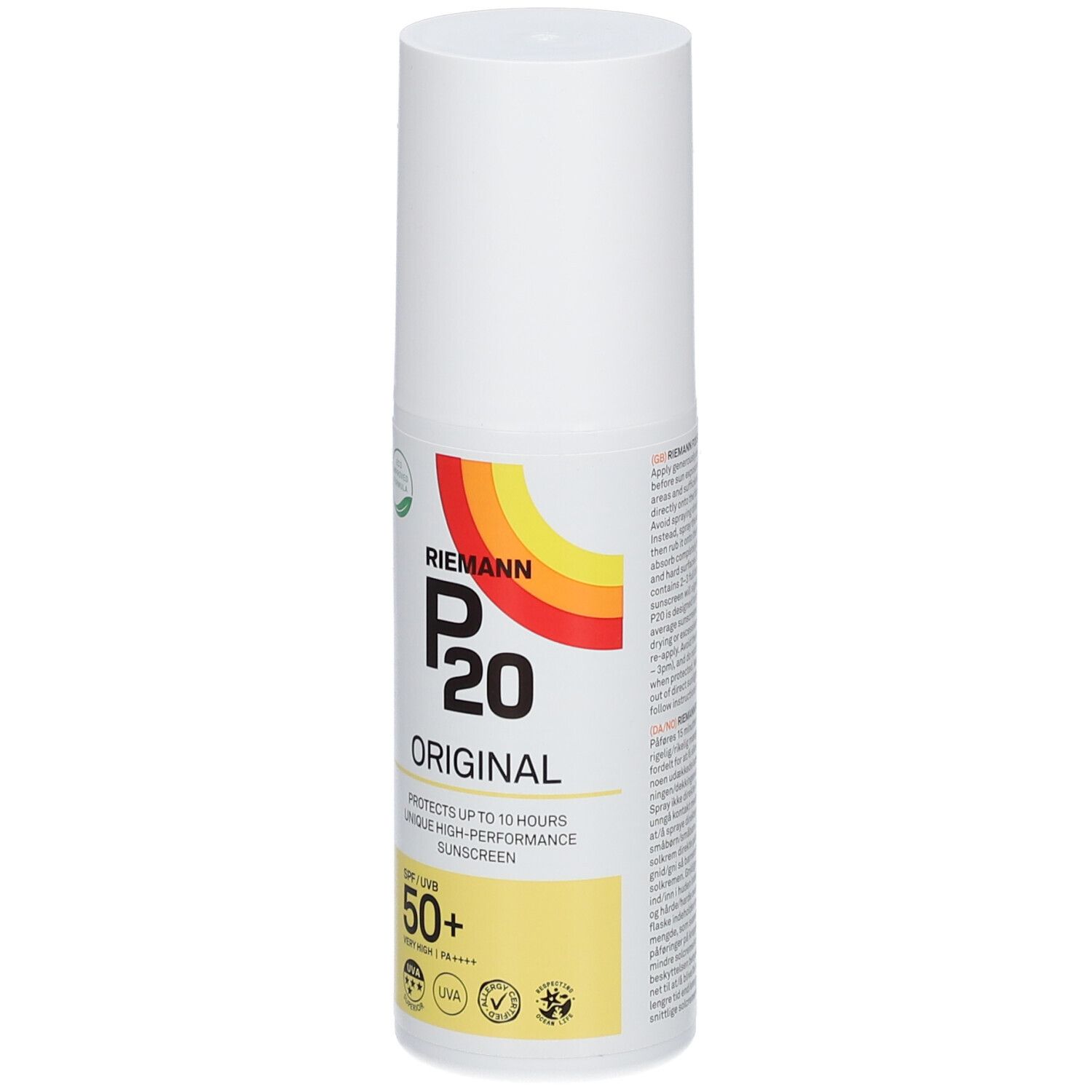 RIEMANN P20 Original Sonnenschutz SPF50+. Weiße Flasche mit Sprühkopf. Gelb-rotes Logo. SPF 50+.