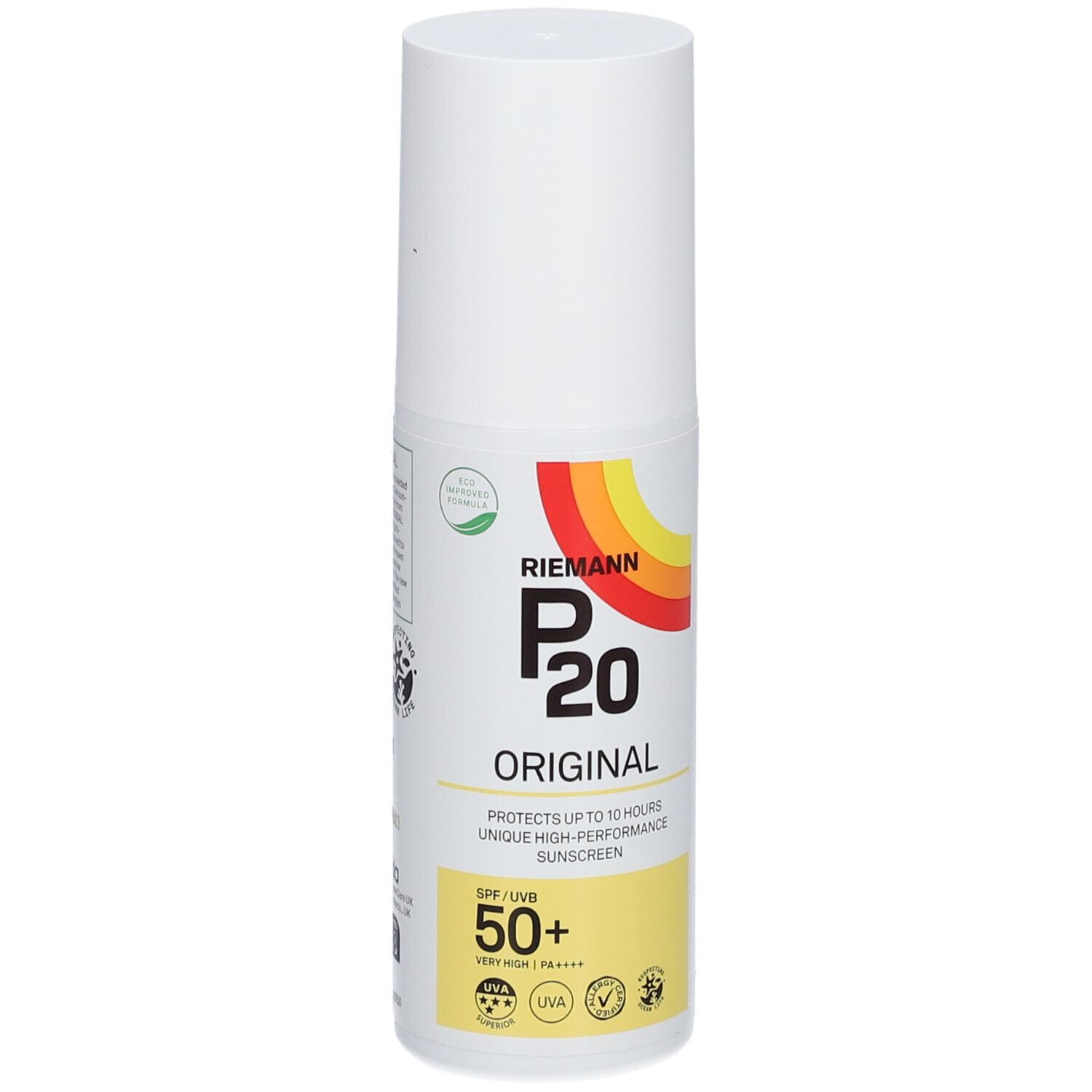 RIEMANN P20 Original Sonnenschutz SPF50+. Weiße Flasche mit Sprühkopf. Gelb-rotes Logo. SPF 50+.