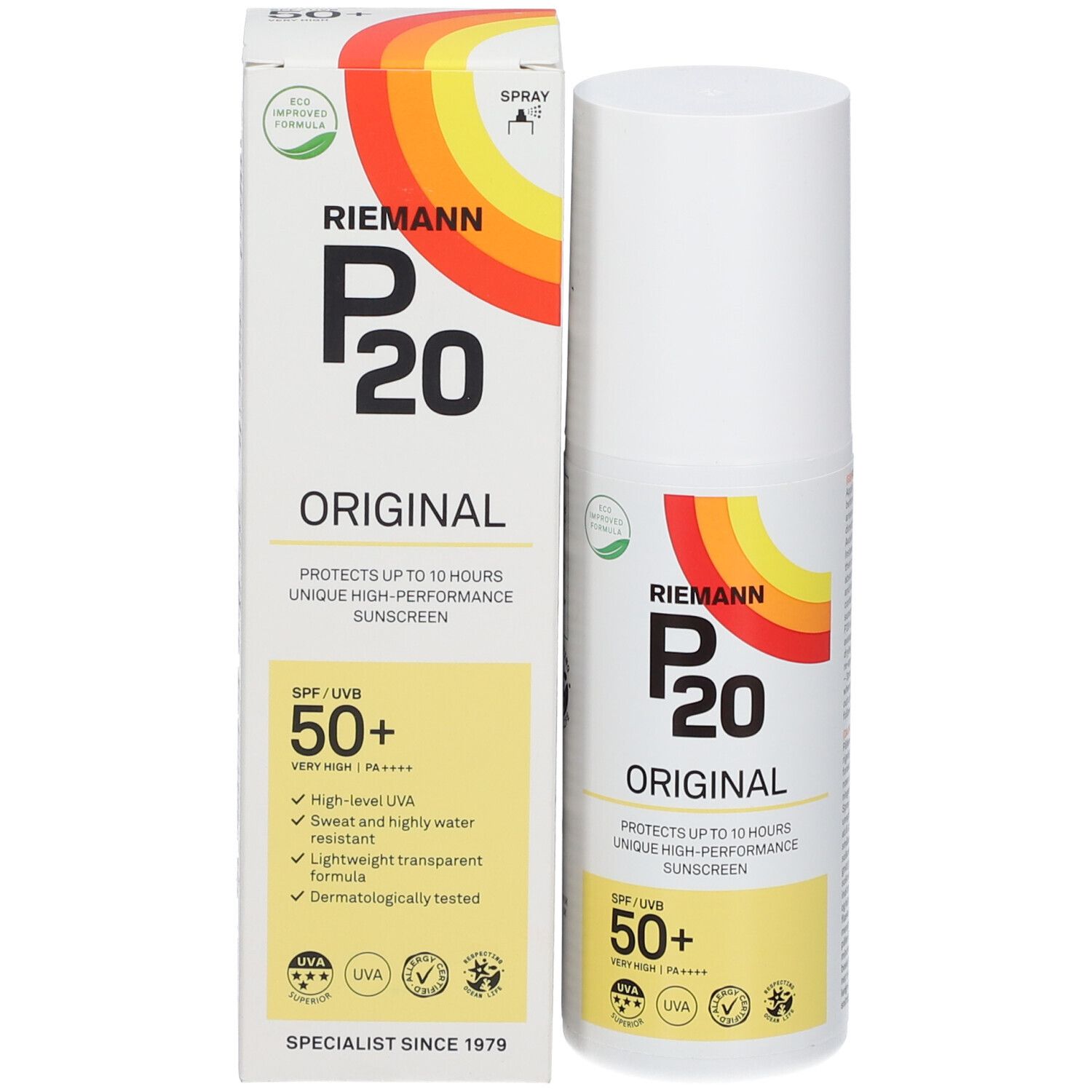 RIEMANN P20 Original Sonnenschutz SPF50+. Flasche und Verpackung. Weiße Flasche mit Sprühkopf. SPF 50+.