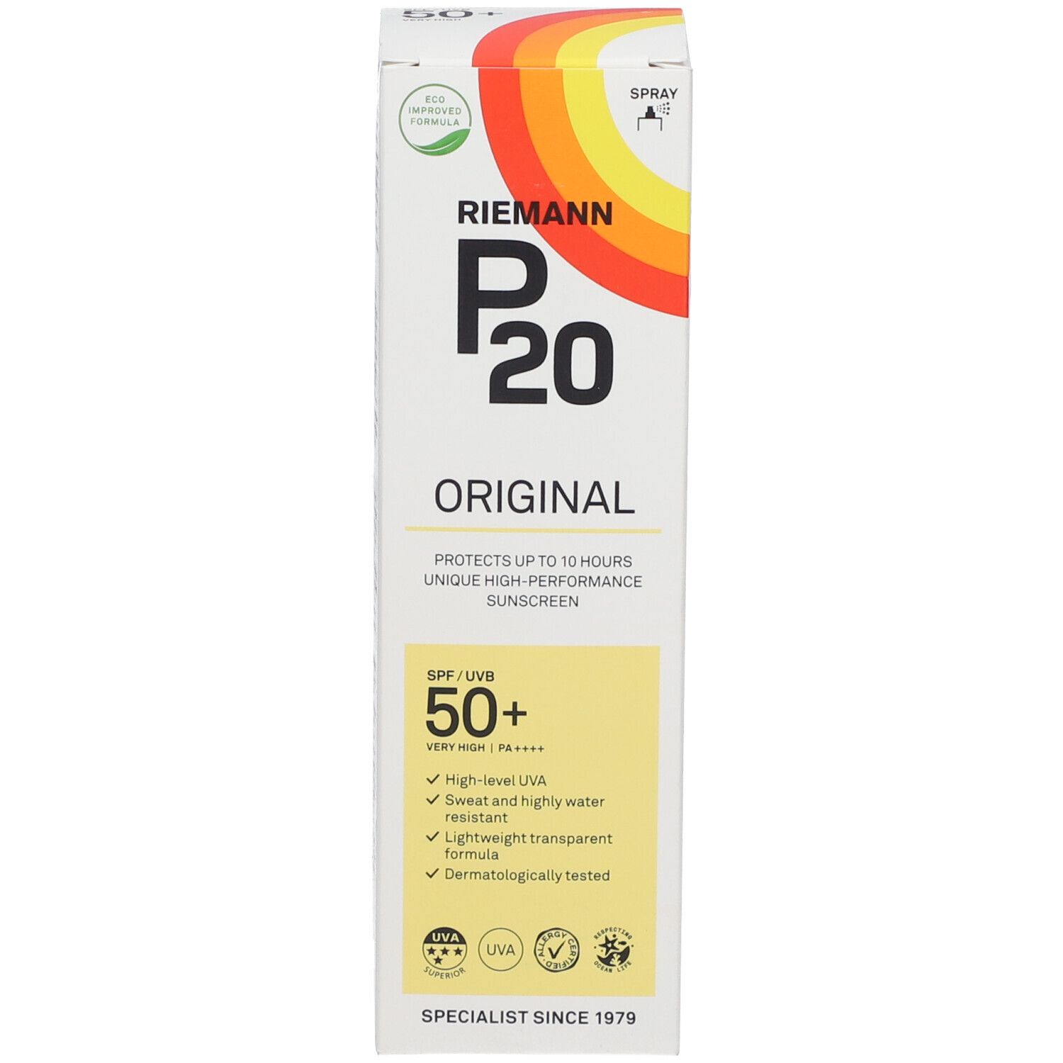RIEMANN P20 Original Sonnenschutz SPF50+. Verpackung. Gelb-rotes Logo. SPF 50+. Text.