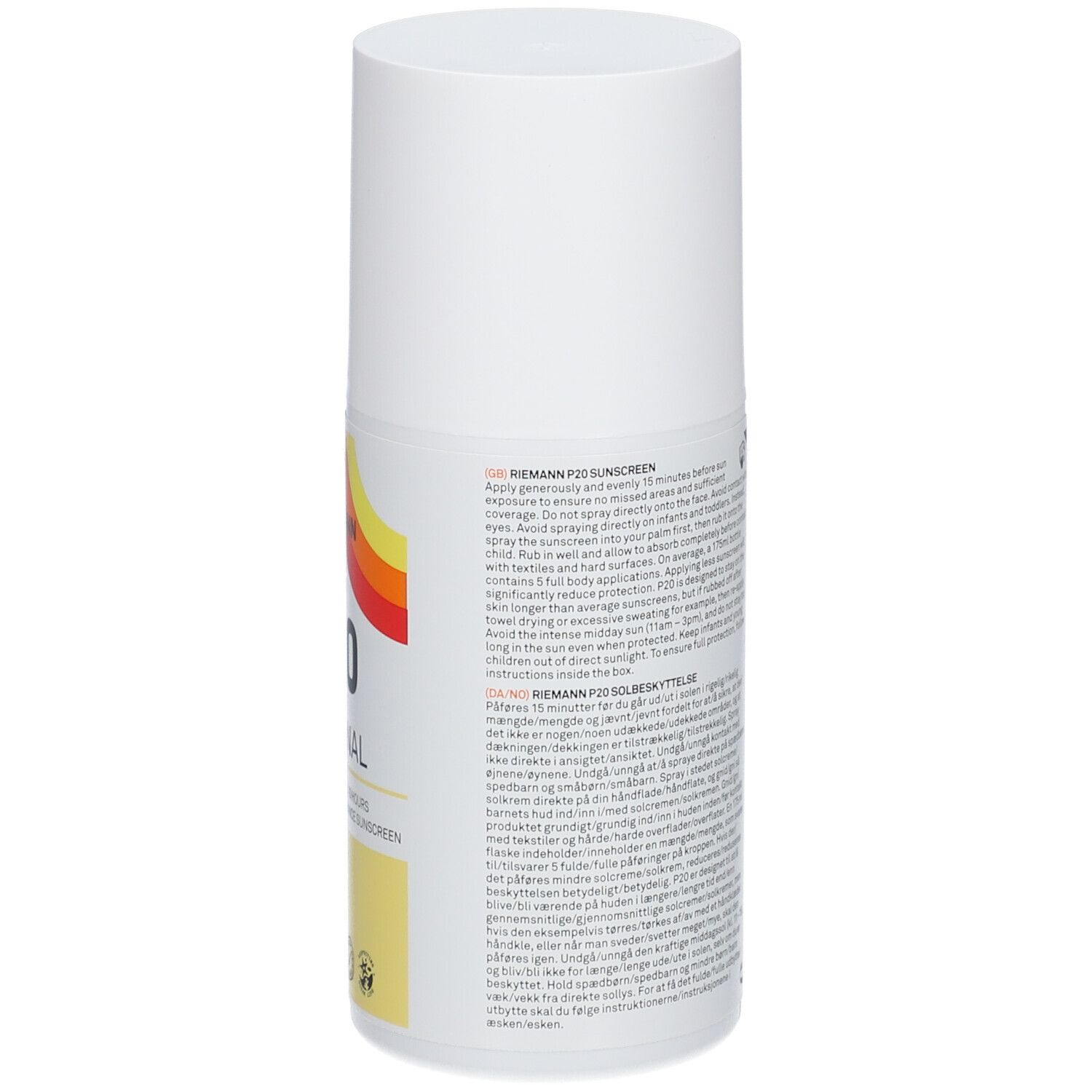 Sonnenschutzmittel-Flasche. Text auf weißem Hintergrund.