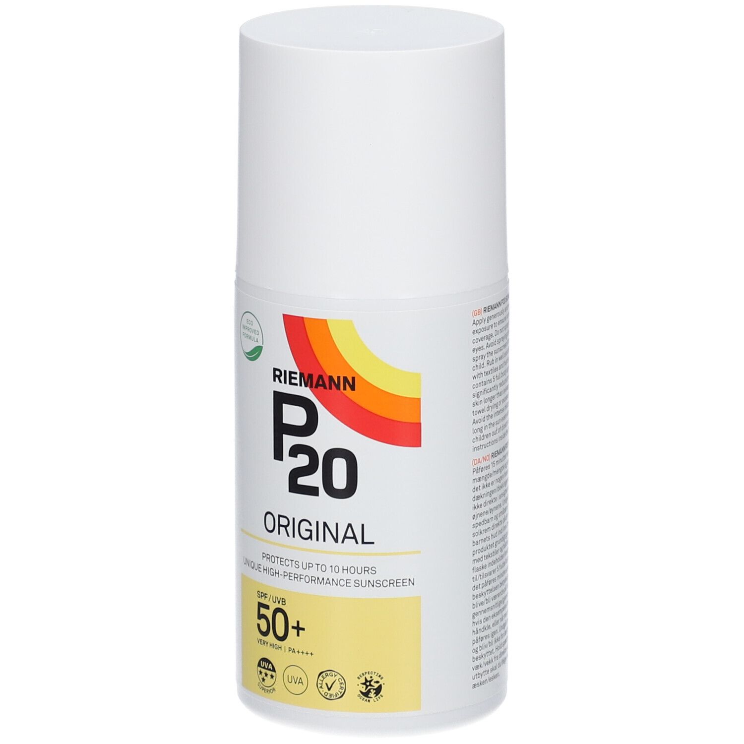 Sonnenschutzmittel-Flasche. Weiß, mit farbigem Logo und Text. SPF 50+.
