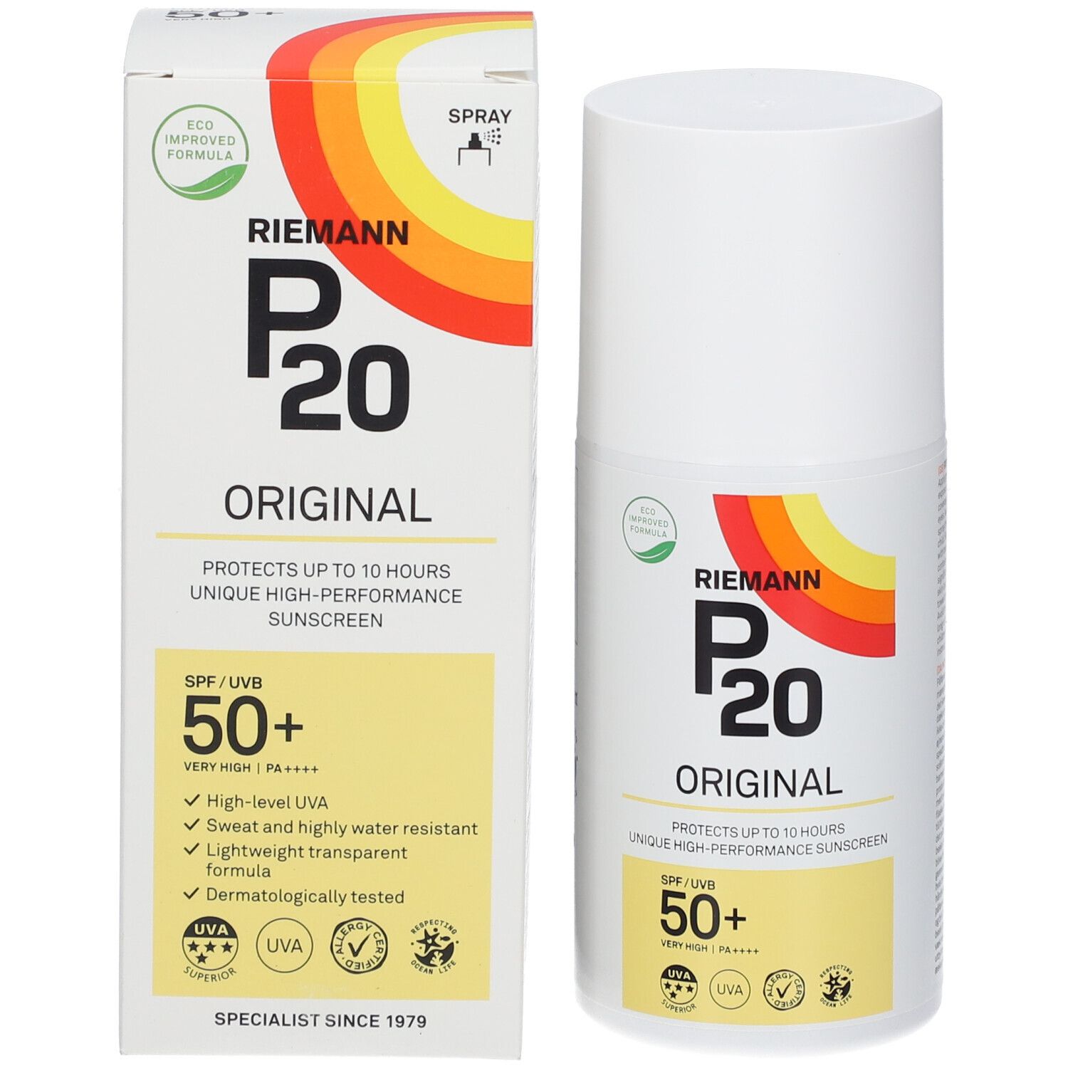 Sonnenschutzmittel-Flasche und Verpackung. Weiß, mit farbigem Logo und Text. SPF 50+.