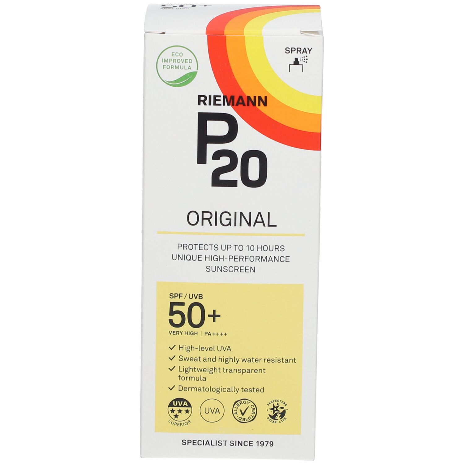 Verpackung der Sonnenschutzmittel-Flasche. Weiß, mit farbigem Logo und Text. SPF 50+.